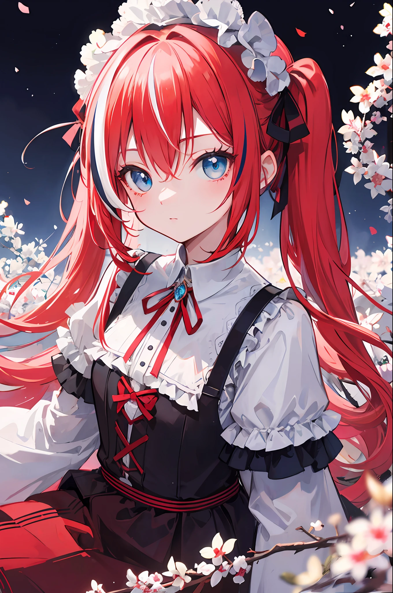 {best quality}}, {{masterpiece}}, {{ultra-detailed}}, {illustration}, {detailed light}, red hair,blue eyes,twintails,lolita,witch,solo,loli,White streaked hair,Fantastic