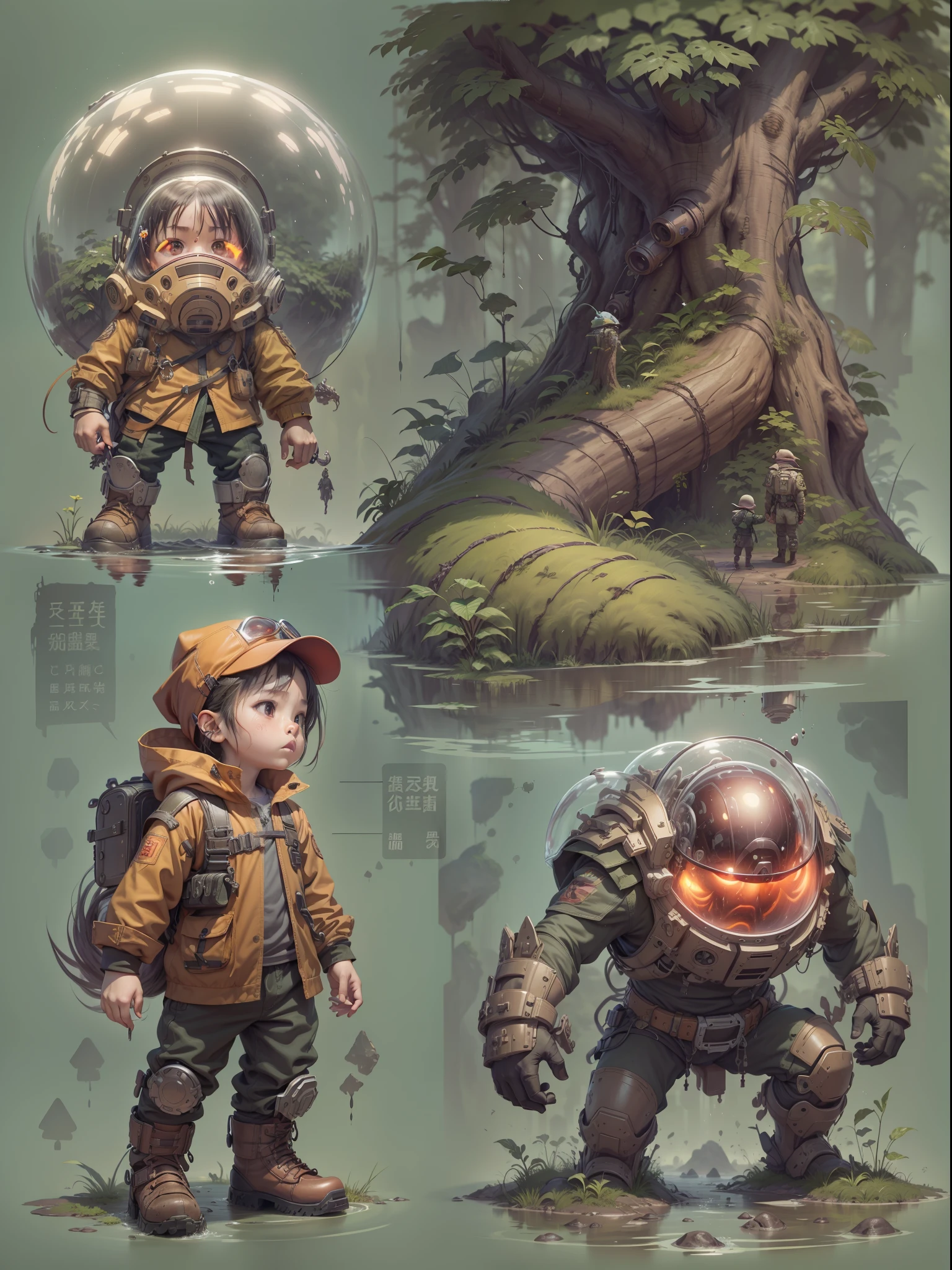 Dense jungle，Rough and damp trees，Huge thick vine，weeds，water puddles，marshes，Piranha，（（A 5-year-old child stands in front of a huge alien spaceship）），（（cute kid，both sexes，，Very short）），Thick hammer，Jump into the air to hit，Dungeon game style，adventurer clothing，brutal，bloodthirsty，attacking，bloods，heavy bleeding，super-fine，Works of masters，high qulity，8K分辨率，depth of fields，电影灯光，Epic shooting