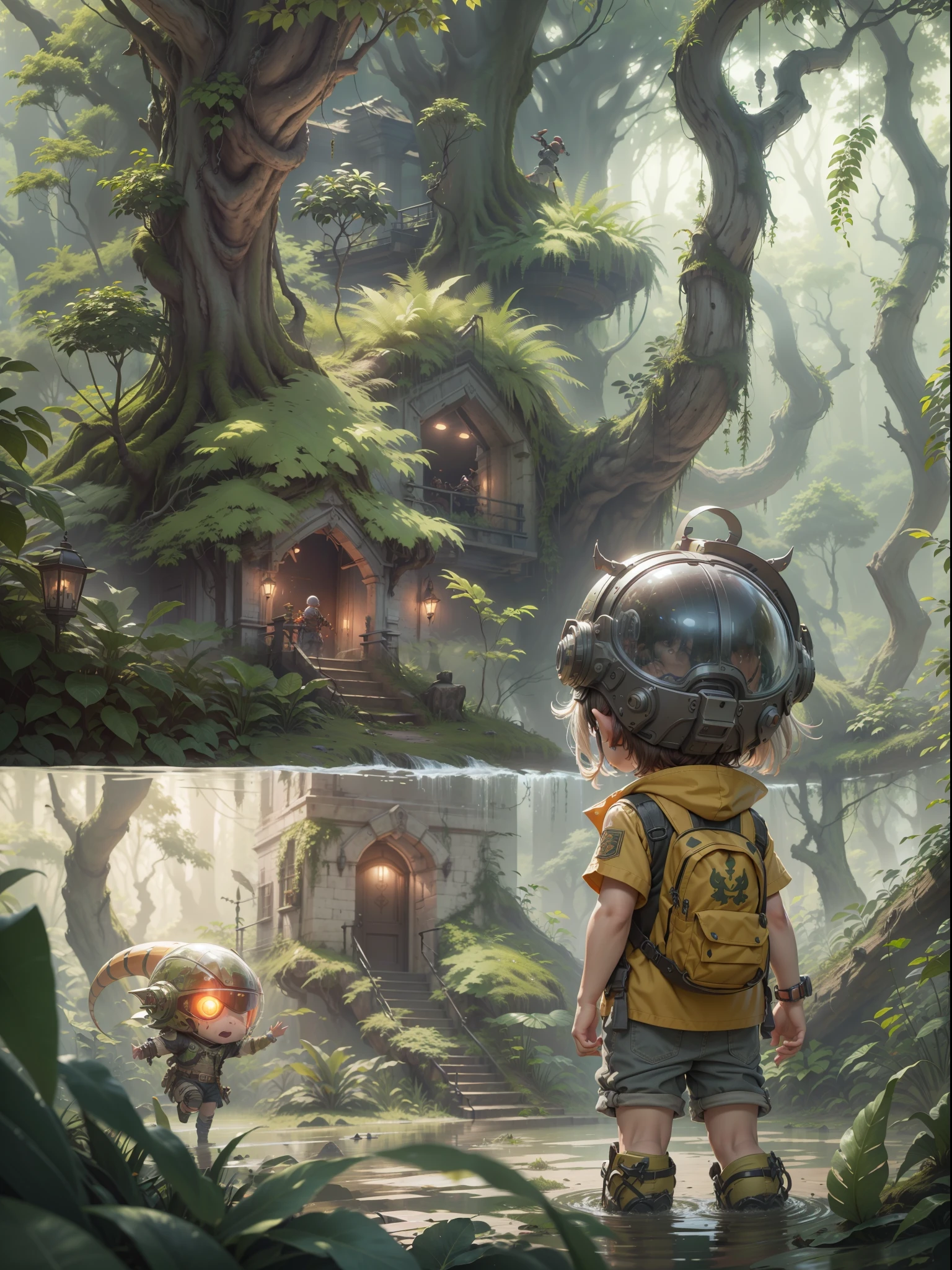 Dense jungle，Rough and damp trees，Huge thick vine，weeds，water puddles，marshes，Piranha，（（A 5--old nds in front of a huge alien spaceship）），（（cute kid，both sexeVery short）），Thick hammer，Jump into the air to hit，Dungeon game style，adventurer clothing，brutal，bloodthirsty，attacking，bloods，heavy bleeding，super-fine，Works of masters，high qulity，8K分辨率，depth of fields，电影灯光，Epic shooting