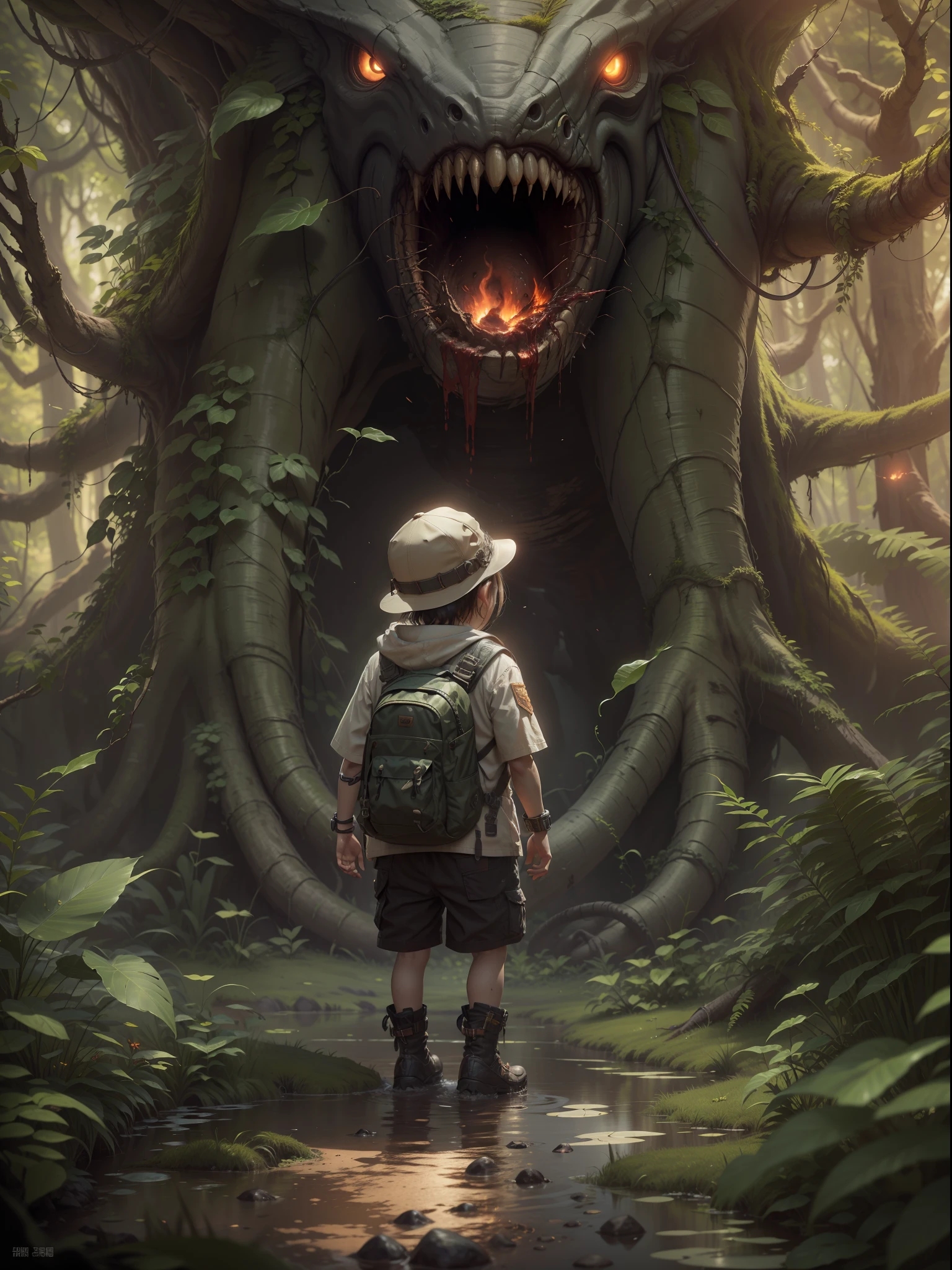 Dense jungle，Rough and damp trees，Huge thick vine，weeds，water puddles，marshes，Piranha，（（A 5-year-old child stands in front of a huge alien spaceship）），（（cute kid，both sexes，，Very short）），Thick hammer，Jump into the air to hit，Dungeon game style，adventurer clothing，brutal，bloodthirsty，attacking，bloods，heavy bleeding，super-fine，Works of masters，high qulity，8K分辨率，depth of fields，电影灯光，Epic shooting