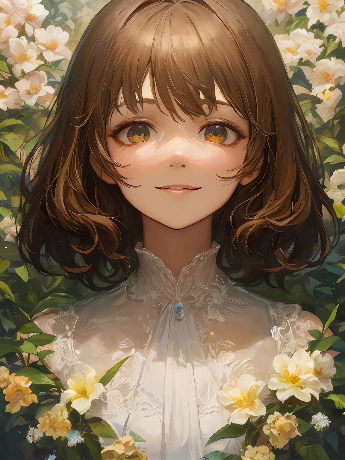 femele, portraitures, flower in hair, short brown haired, top-quality, (realisticlying, Painterly Style), masterpice, elegent, a smile, gentle, nobles