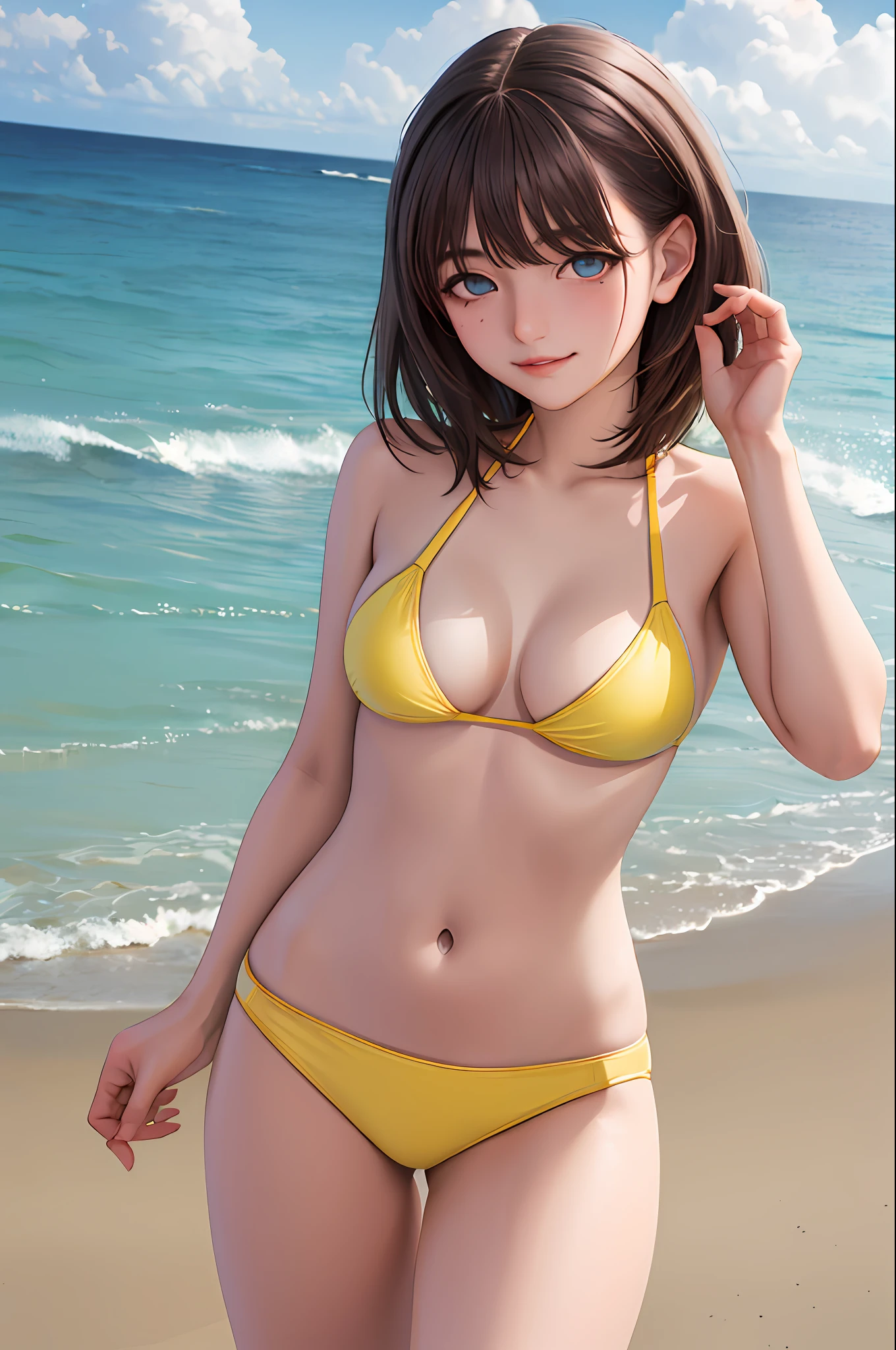 ((masutepiece)), ((Best Quality)), (Ultra-detailed), ((Extremely detailed)), 4K, (8K), Best Quality, (((Cowboy Shot))), (Beautiful), ((smil)), girl, Solo, (((Beautiful eyes:1.5))), blush, Best Quality, High resolution, 1girl in, Middle hair, (((Large breasts))), Bangs, Purple eyes, Brown hair, (((Yellow Bikini))), ((Beautiful sea)), On the beach,