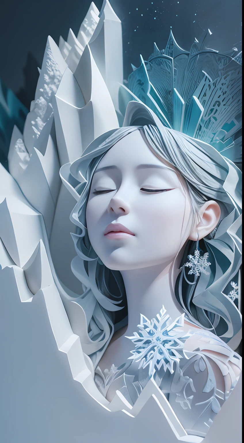 illustration: 1.3), paper art, 3D rendering of, ice mountain, (Beautiful side face,closing her eyes: 1.3), (Masterpiece Snow 1.2) , Colorful, Best quality, Detailed details, Masterpiece, offcial art, movie light effect, 4K, Chiaroscuro , Flash