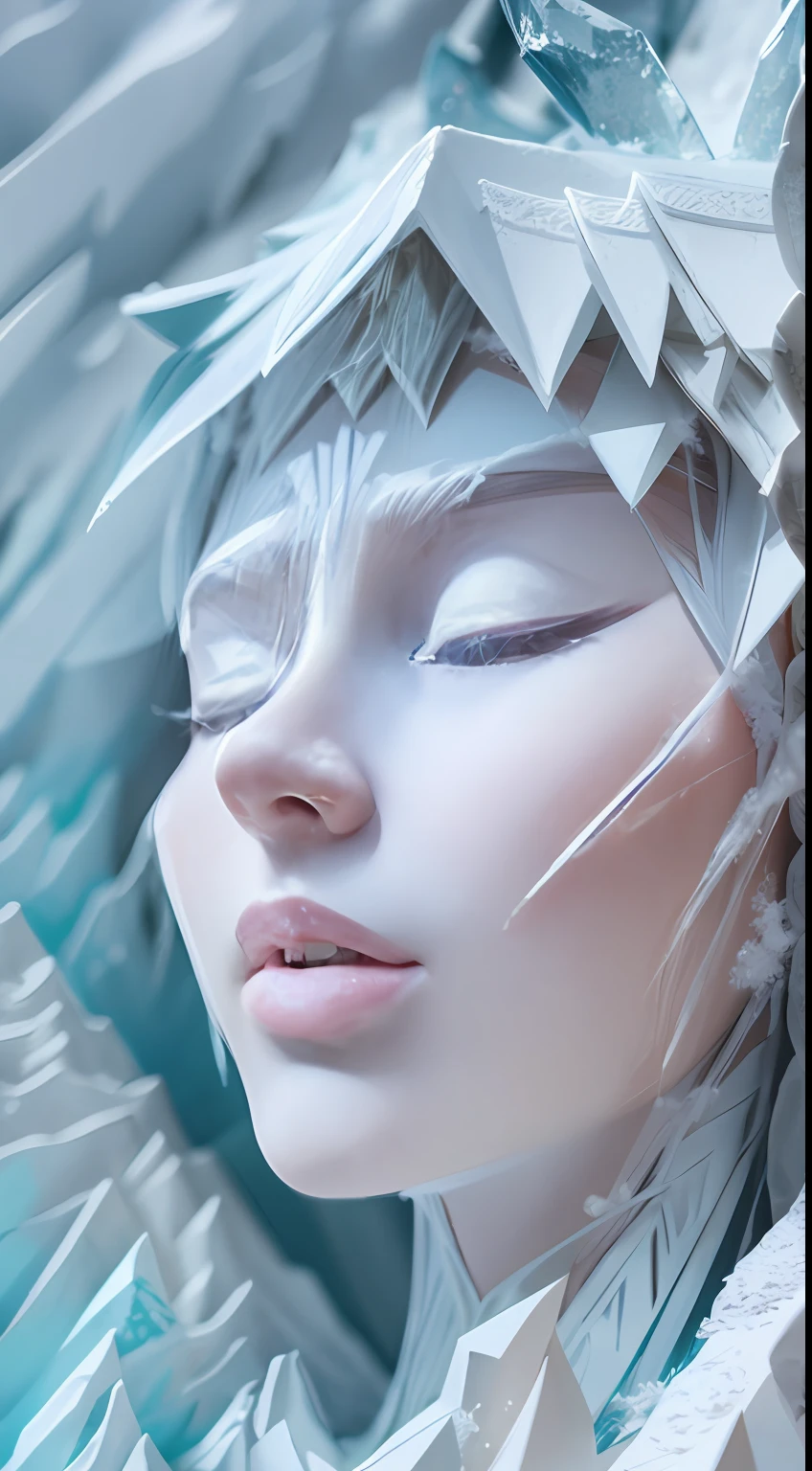 illustration: 1.3), paper art, 3D rendering of, ice mountain, (Beautiful side face,closing her eyes: 1.3), (Masterpiece Snow 1.2) , Colorful, Best quality, Detailed details, Masterpiece, offcial art, movie light effect, 4K, Chiaroscuro , Flash