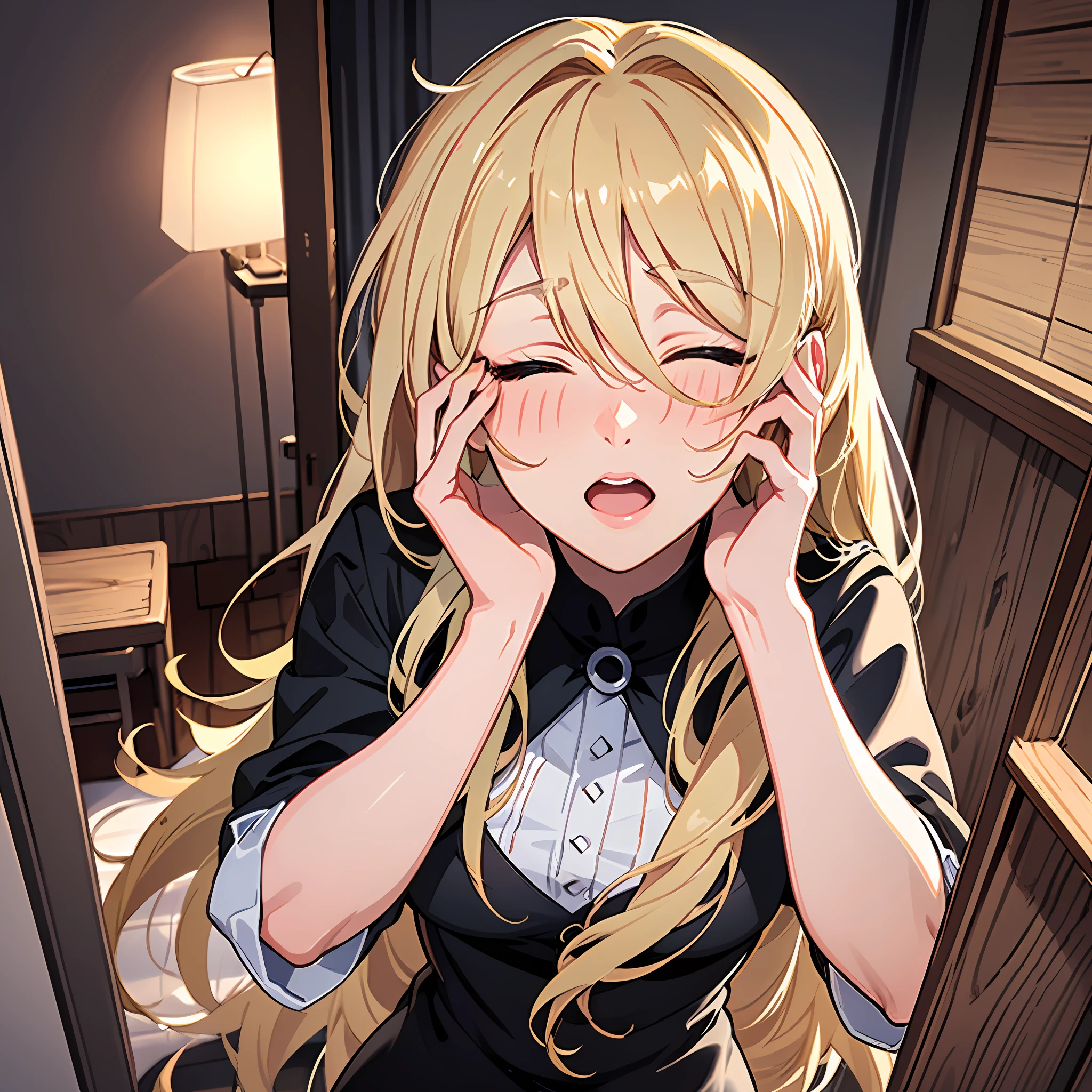 A mature woman，(Long fluffy blonde hair:1.6)，Business suit，Skirt that wraps hips，black long socks，Mature and beautiful，Rich and noble families，Stand at the bathroom door，(Place your hands on your face to cover your eyes:2)，Keep your eyes open，facepalm，Blush, ripped apart, flustered, full blush, full face blush, horrified，Ultra-detailed CG，Exquisite facial features，Clear facial expressions，Detailed digital anime art，Digital anime art，High quality anime art style