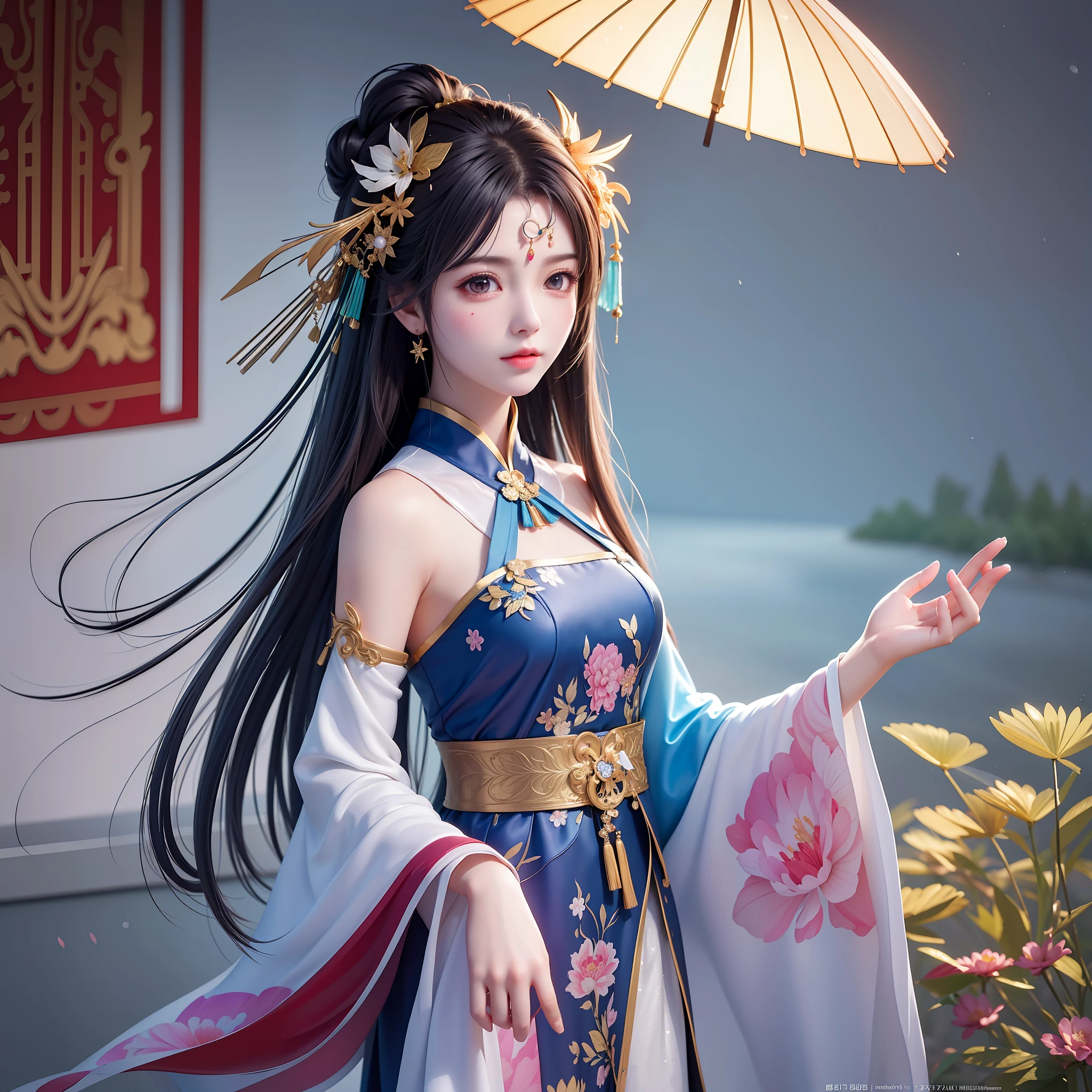 (8k, RAW photo:1.2),best quality, ultra high res,dramatic angle,(fluttered detailed color splashs), (illustration),(((1 girl))),(long hair),(rain:0.9),(hair ornament:1.4),there is an ancient palace beside the girl,chinese clothes,(focus on), color Ink wash painting,(color splashing),colorful splashing,(((colorful))),(sketch:0.8), Masterpiece,best quality, beautifully painted,highly detailed,(denoising:0.6),[splash ink],((ink refraction)), (beautiful detailed sky),moon,highly,detaild,(masterpiece, best quality, extremely detailed CG unity 8k wallpaper,masterpiece, best quality, ultra-detailed),(Lycoris radiata),