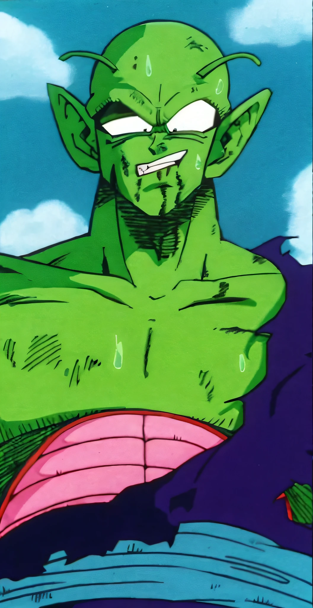 um close up de um personagem de desenho animado com um rosto verde, Broly, Personagem Dragonball, son goku as the incredible hulk, arte conceitual de dragon ball, musculoso! verde, Directed by: Akira Toriyama, foto do perfil, dog - faced muscular goblin, queixo poderoso, imagem vazada, evil villain grin, cels anime, Dragon ball z Style, Anime cel, as an ugly titan --auto