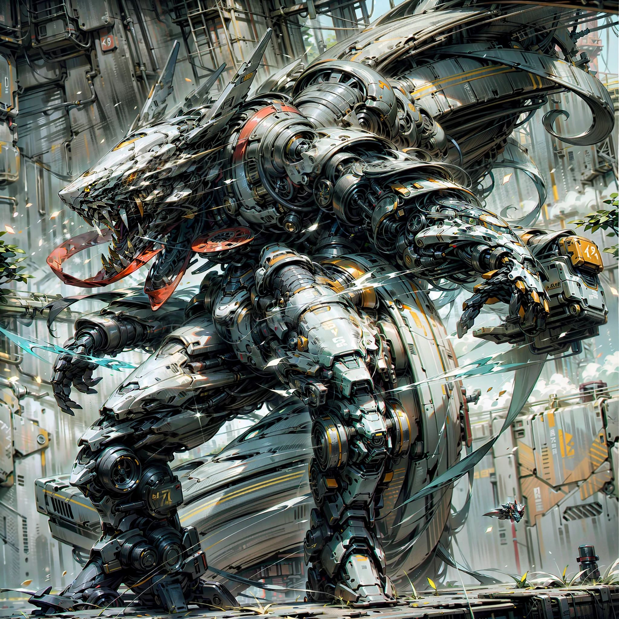 with light glowing，Reflective，（Tall mech：1.6），Amber gradient，（Use the plasma sword：1.3），There is a dragon particle effect，（taichi，Chinese Yin and Yang Bagua Five Elements：1.2），Machine armour wind，mechanical sense，sense of strength，Sense of space，combats，The prominent structure is reasonable，4K，High quality，Masterpieces，（of a real：1.4），drak，chinesedragon，Dark_fantasy,Cyberpunk,(Red:1.1),1人,Mechanical Wonder,Robotic presence,cybernetic guardians,wearing a worn-out mech suit，iintricate，（Steel metal[rusted]），ellegance，Clear focus，Photo by Greg Rutkowski，gentlesoftlighting，vivd colour，Pacific Rim