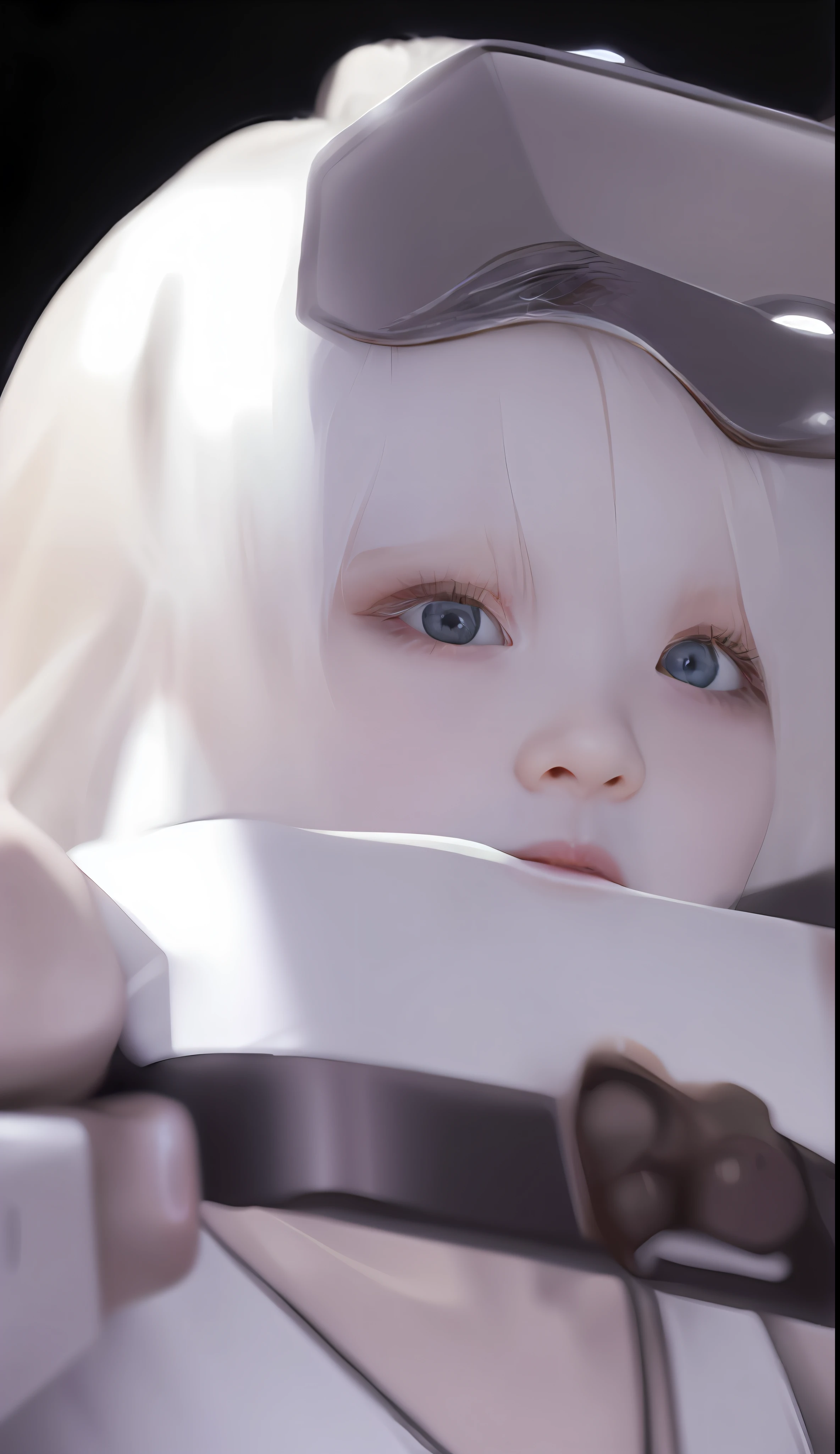 A hyper-realistic、ultra-detailliert、top-quality、hight resolution、Diagonal angle、20-year-old Japan goddess in voluminous gray hair cosplay, voluminous white bangs、The forehead and eyebrows are almost hidden by bangs、Equipped with special goggles on the head、Cute drooping eyes、gentle and big eyes、Brown eyes、a small nose、thin lipss、Fine details、8k detail, 8 k detail、Forehead and eyebrows are not visible with bangs、Wearing a white poncho and protector
