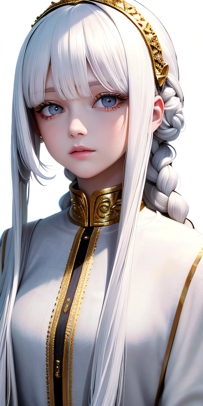 best quality, masterpiece,white hair, gold eyes,white clothes, looking up, upper body,hair strand,Fair skin,side braids