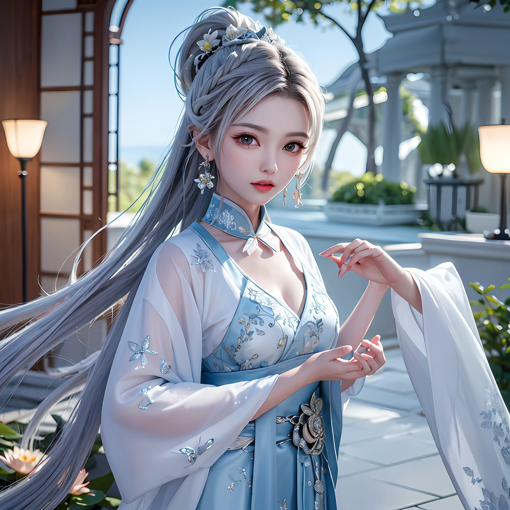 (best quality, masterpiece:1.2), ultra high res, realistic, front lighting, intricate detail, Exquisite details and textures, 1girl, solo ,(young), face highlight, upper body, detailed face, tear mole, shiny skin, silver hair, ponytail, braid hair, looking at viewer, big eyes, silk robe, (hollow pattern, white, silk), earrings, small breasts, slim body, architecture, east asian, riverside, a lotus leaf, a lotus flower, forest, professional lighting, photon mapping, radiosity, physically-based rendering,