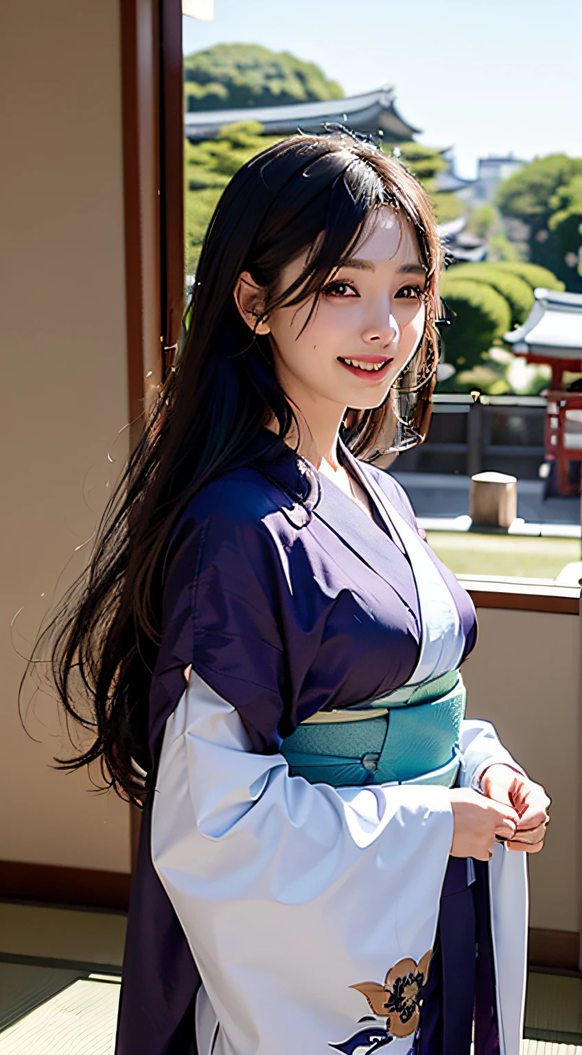 best qualtiy、masterpiece、photoRealstic、intricate-detail、Raw foto、Photon Rendering、Octane Rendering、absurderes、ultra-detailliert、A detailed face、Detailed skin、Trending in art stations、8K Masterpiece、lighting like a movie、( (1girl in))、((独奏) ))、CG Social Trends、Plastic En、((Black Long Hair))、((Beautuful Women))、(A smile)、Upper teeth、Fashionable、Hair that flutters in the wind、((Flowing hair))、fashion magazine、((A sexy))、((lighting like a movie)、((indirect lighting)、、(ssex)、Grinning、(View from a distance)、((Festival of Japan))、Dark purple kimono、