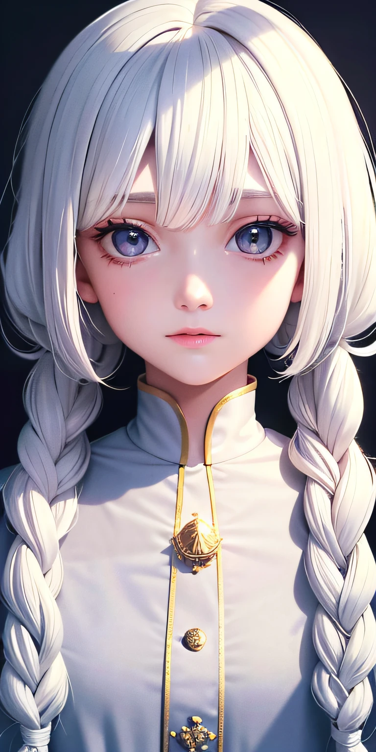 best quality, masterpiece,white hair, gold eyes,white clothes, looking up, upper body,hair strand,Fair skin,side braids