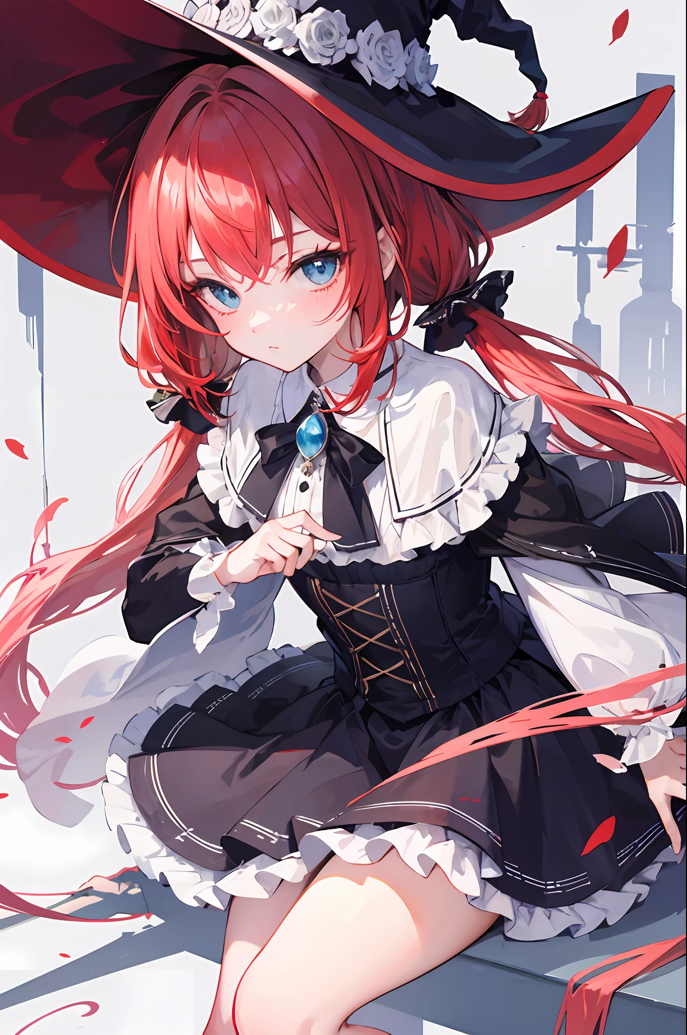 {best quality}}, {{masterpiece}}, {{ultra-detailed}}, {illustration}, {detailed light}, red hair,blue eyes,twintails,ta,witch,solo,lolite streaked hair,Fantastic