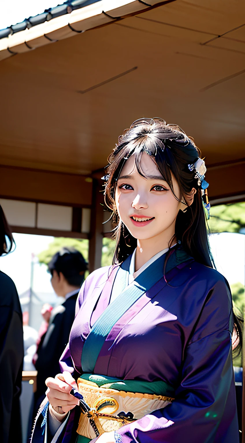 best qualtiy、​masterpiece、photoRealstic、intricate-detail、Raw foto、Photon Rendering、Octane Rendering、absurderes、ultra-detailliert、A detailed face、Detailed skin、Trending in art stations、8K Masterpiece、lighting like a movie、( (1girl in))、((独奏) ))、CG Social Trends、Plastic En、((Black Long Hair))、((Beautuful Women))、(A smile)、Upper teeth、Fashionable、Hair that flutters in the wind、((Flowing hair))、fashion magazine、((A sexy))、((lighting like a movie)、((indirect lighting)、、(ssex)、Grinning、(View from a distance)、((Festival of Japan))、Dark purple kimono、