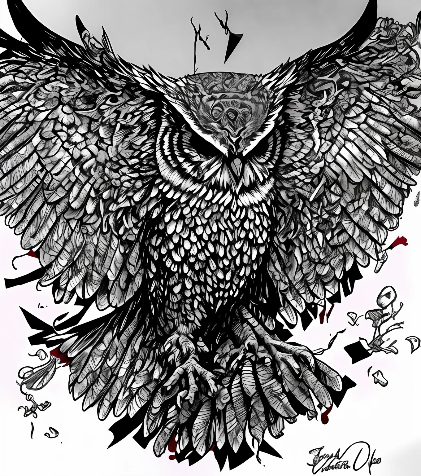 A drawing of an owl with outstretched wings and lots of blood on the ground, highly detailed and hypnotic, Arte vectorial altamente detallado, con alas. ultra detallado, por Galen Dara, Highly detailed illustration, tattoo design, Shirt design, Arte oficial de alto detalle, ilustraciones de tinta, detailed but rough, Alas extendidas, mechanical owl, tattoo design sketch