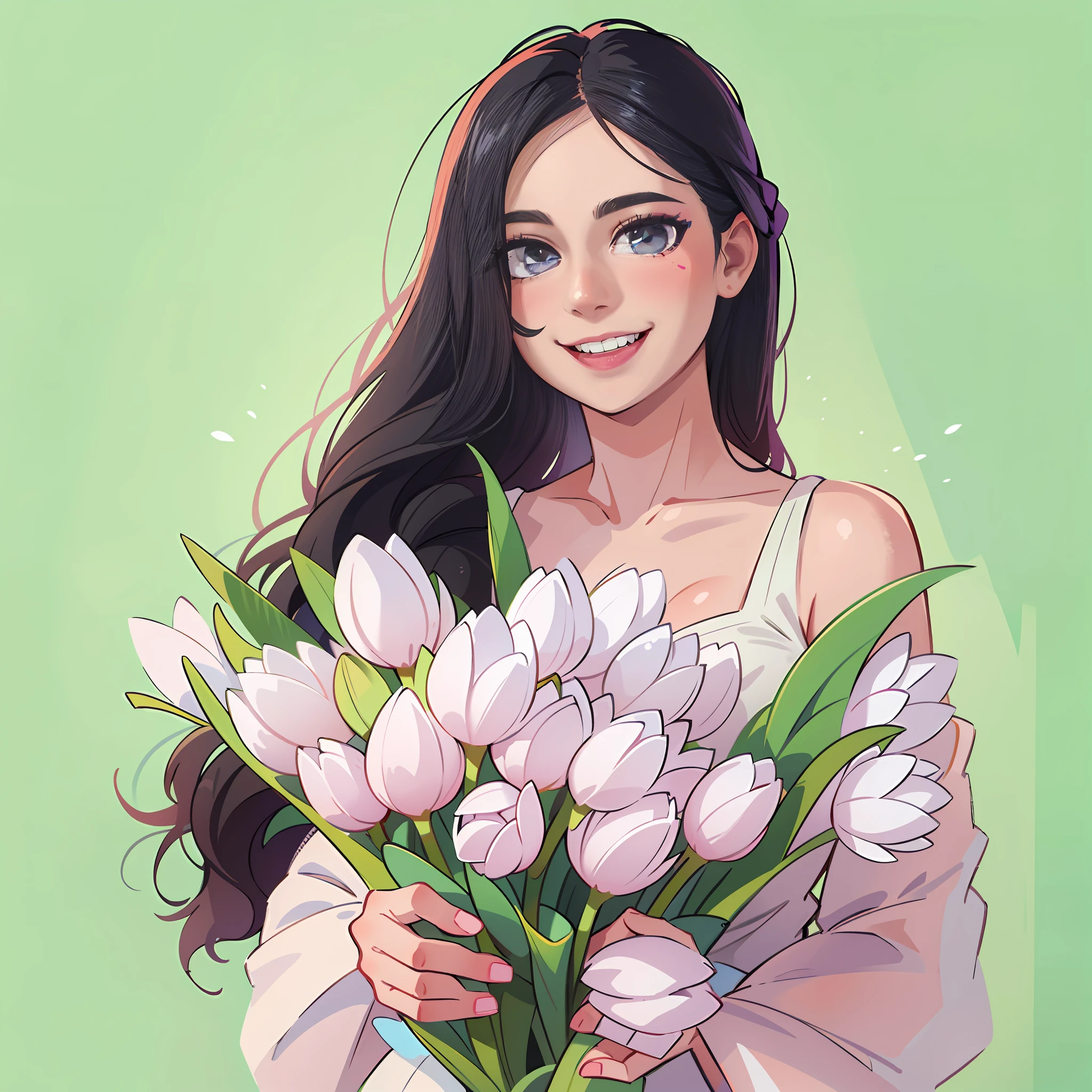 Sweet beauty moving, black hair))), ((slightly curly long hair)), (perfect eye painting), bright eyes, smile, pure white background, bust, holding a bouquet of white tulip flowers, gentle smile, wearing light pink clothes, front, HD, 4k, details