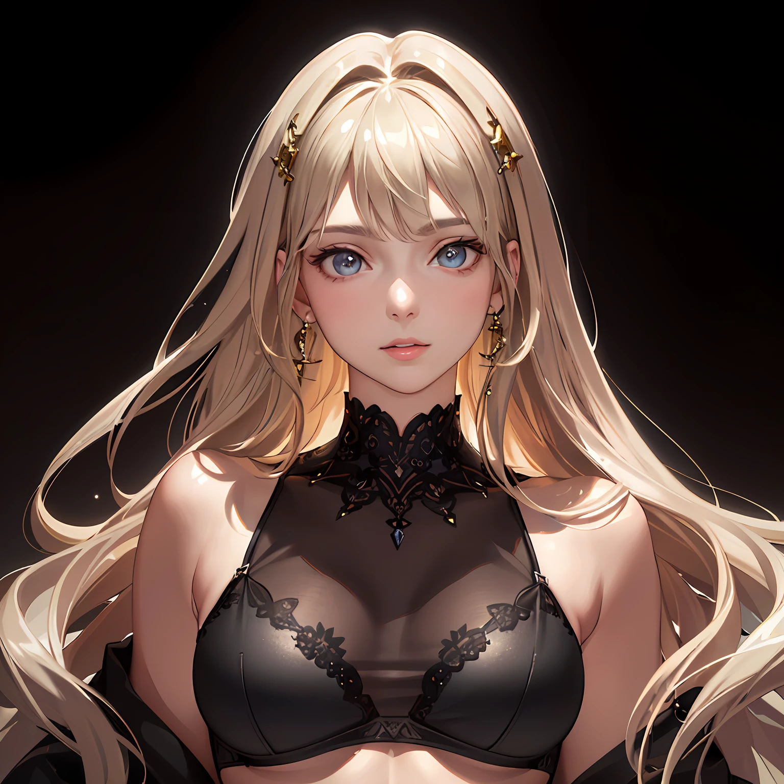 (photorealistic:1.4), (masterpiece, sidelighting, finely detailed beautiful eyes: 1.2), masterpiece*portrait, realistic, 3d face, glowing eyes, shiny hair, lustrous skin, solo, embarassed, (midriff), black underwear, blonde hair