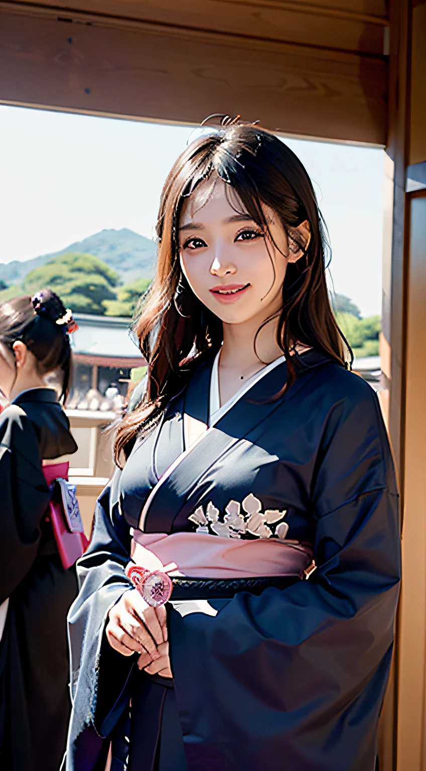 best qualtiy、masterpiece、photoRealstic、intricate-detail、Raw foto、Photon Rendering、Octane Rendering、absurderes、ultra-detailliert、A detailed face、Detailed skin、Trending in art stations、8K Masterpiece、lighting like a movie、( (1girl in))、((独奏) ))、CG Social Trends、Plastic En、((Black Long Hair))、((Beautuful Women))、(A smile)、Upper teeth、Fashionable、Hair that flutters in the wind、((Flowing hair))、fashion magazine、((A sexy))、((lighting like a movie)、((indirect lighting)、、(ssex)、Grinning、(View from a distance)、((Festival of Japan))、Dark purple kimono、