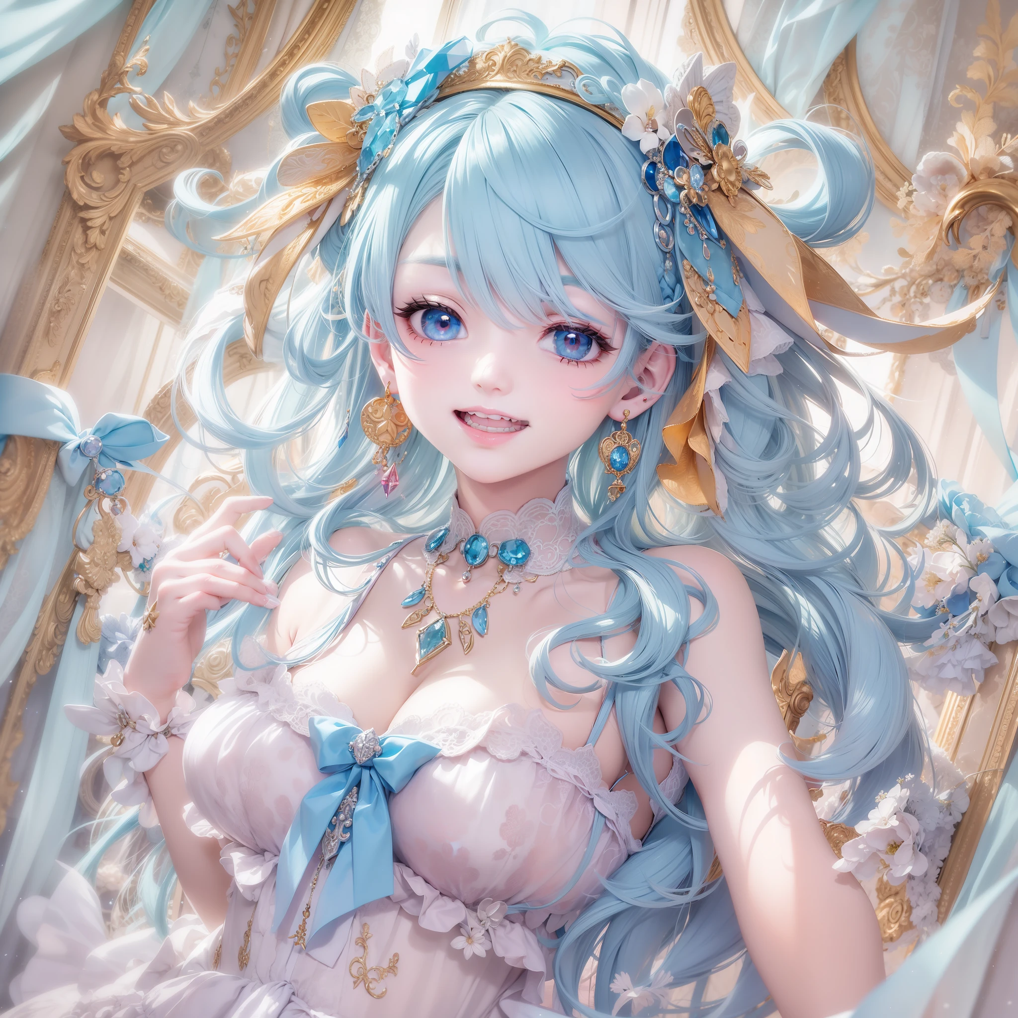 light blue hair, ribbon, multicolored eyes, crystal earrings, smile, dutch angle, rococo style, high detail, stereogram, UHD, masterpiece, high details, highres