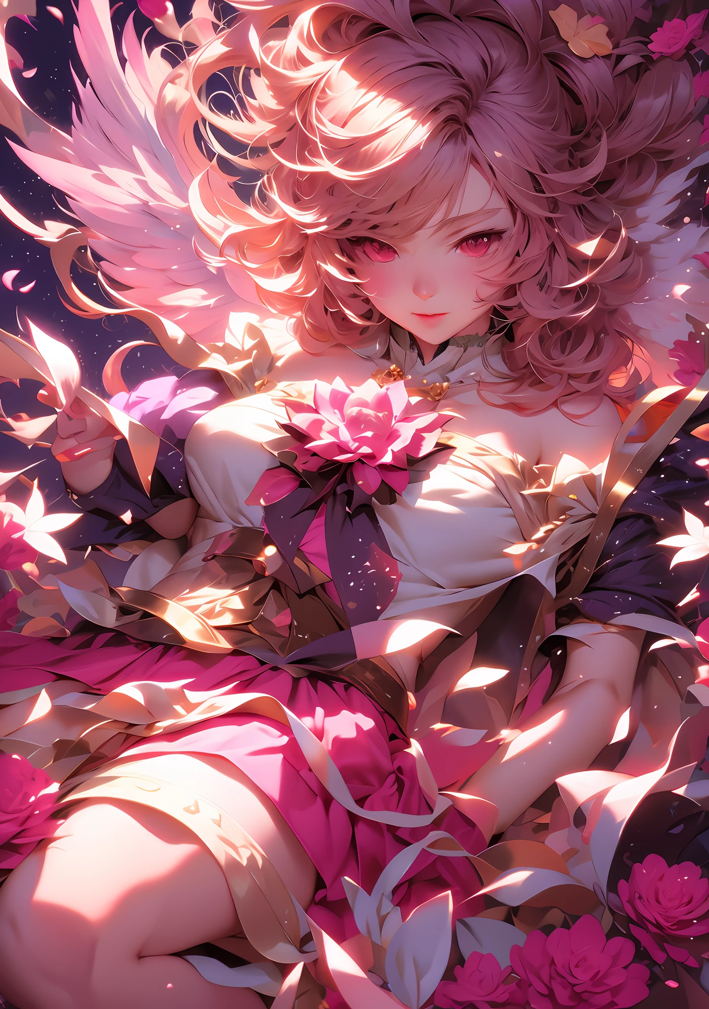 anime girl in pink dress with wings flying in the air, from touhou, digital art on pixiv, demon slayer rui fanart, ufotable art style, soft anime illustration, anime style illustration, portrait of magical girl, digital anime illustration, anime illustration, zerochan art, clean detailed anime art, dreamy psychedelic anime, beautiful anime artwork, anime styled digital art,masterpiece, best quality, (extremely detailed CG unity 8k wallpaper), (best quality), (best illustration), (best shadow), absurdres, realistic lighting, (Abyss), beautiful detailed glow