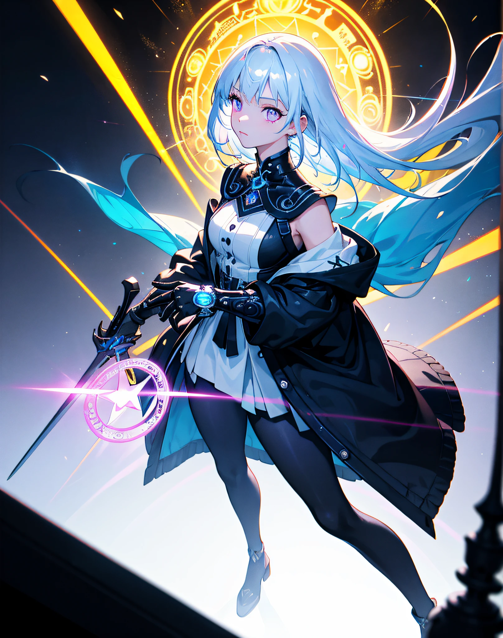 masutepiece, Best Quality, (the Extremely Detailed CG Unity 8K Wallpapers, masutepiece, Best Quality, Ultra-detailed, Best Shadow), (Detailed background), (beautifull detailed face, Beautiful detailed eyes), High contrast, (Best Illumination, extremely delicate and beautiful),1girl in,((colourful paint splashes on transparent background, dulux,)), ((Caustic)), Dynamic Angle,Beautiful detailed glow,Full body, Cowboy Shot, Colorful, 1girl in, White hair, Purple eyes, dual-wielding, Sword, holding swords, blue flames, Glow, glowing weapons, light Particle, Wallpaper, chromatic abberation, (Detailed background,Dark Fantasy), (beautifull detailed face), High contrast, (Best Illumination, extremely delicate and beautiful), ((Cinematic Light)), Colorful, Hyper Detail, Dramatic light, Intricate details, depth of fields,Black light particles,(Broken glass),Magic Circle,