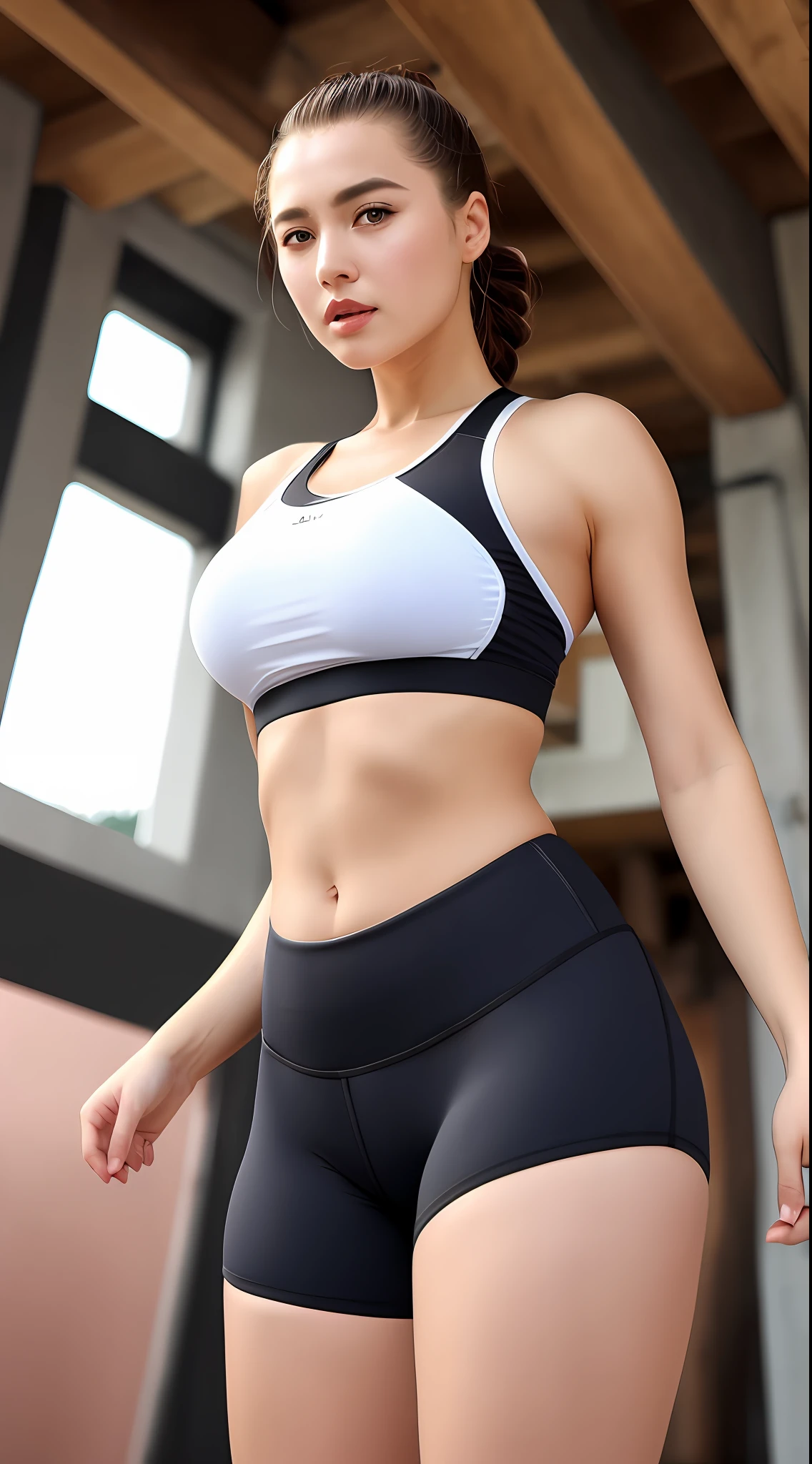 ,, wide-hips, big breasts thin waist, a blond, (hair slicked back), , Sportsbra, leggins, hairarmpits, full of sweat, The sheen, The cleft in the pubic area is clearly visible、Nipples are clearly visible、girl with1a person、8K、hight resolution、realisitic、musculature、