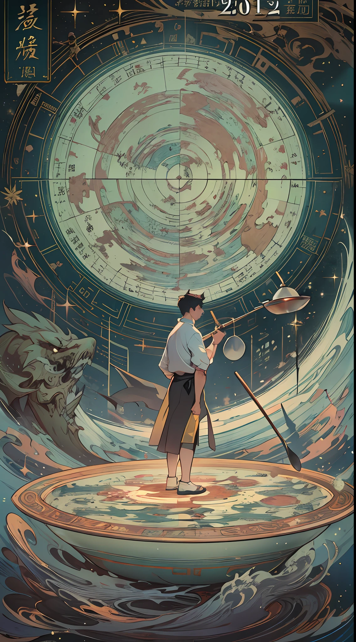 A determined man standing before a dream portal, holding a wok ladle, with floating calendar pages behind him symbolizing seven years, and a kitchen outline faintly visible on the other side of the portal, ,in the style of the stars art group xing xing, 32k, best quality, masterpiece, super detail, high details,