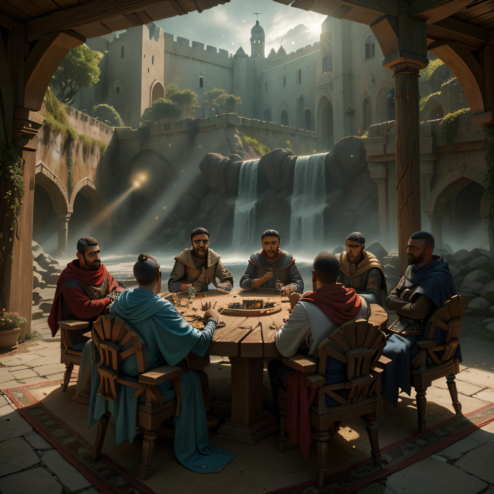 isaias usando capa, standingn, Far away is a round table with men drinking and laughing, robes and arms of cloak raised on a broken earth, castelo, muralhas, reinado, luz de lava brilhante de baixo do campo de asteroides (rochas irregulares, pedregulhos e detritos disparando para o ar:1.3) (tempestade de detritos de poeira ventosa:1.1) Volumetric mist mist ray tracing z pass bright light from below, (obra-prima) (melhor qualidade) (detalhado) (8k) (cinematic lighthing) (foco nítido) (intrincado)