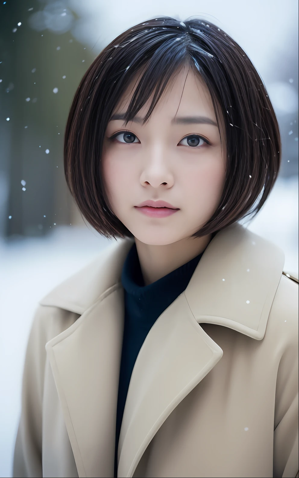 (1 Cute Japan Stars)realistic photos of、Short-cut hairstyles、thin makeup、Medium breast size、Wearing a coat、in snow、Clear facial features、8K High Resolution、sharp and realistic details、From the outside、Eye level shots、f / 4.0、135mm、Fuji Film、jpegartifacts、dithering、UHD、masterpiece