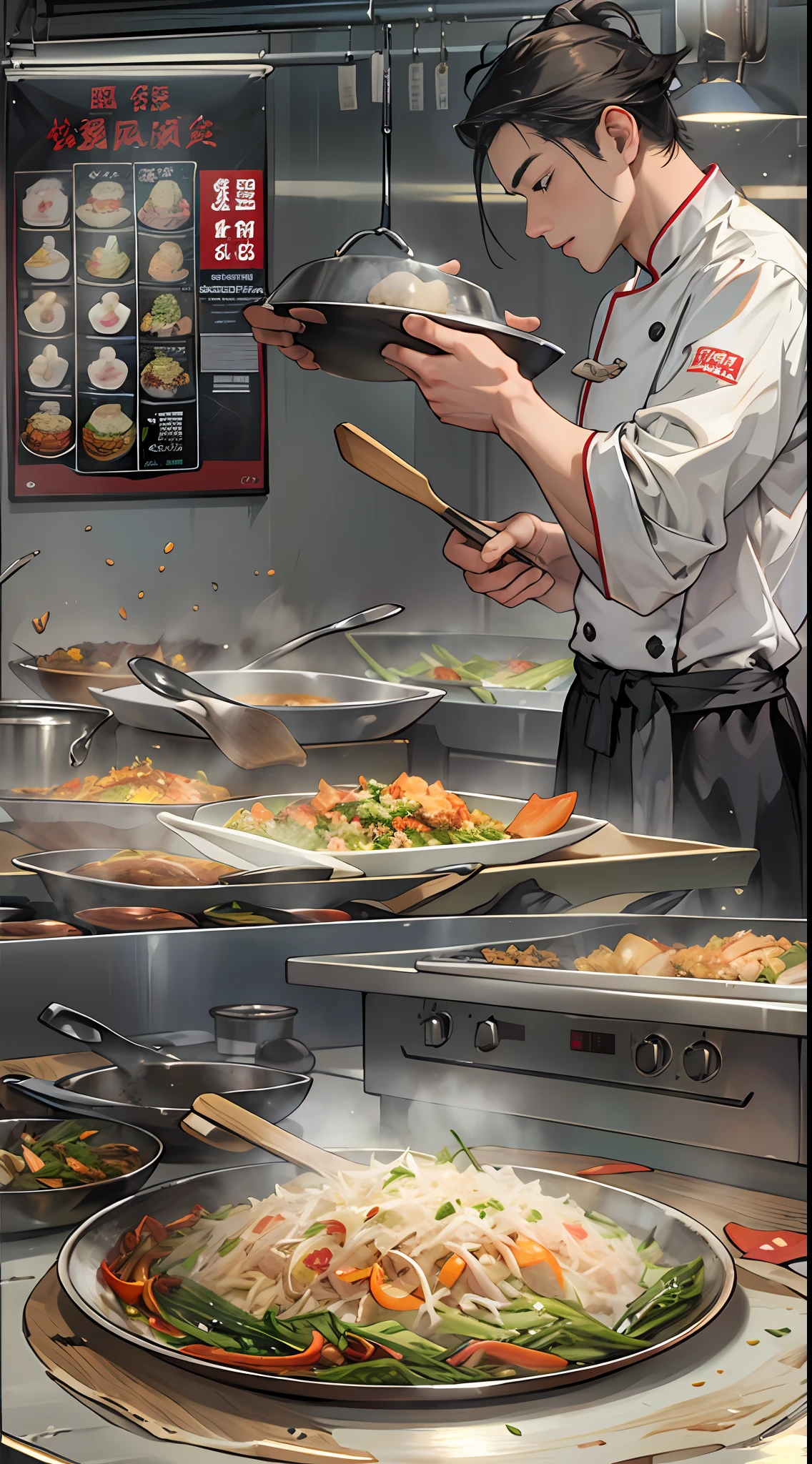 A chef in a live streaming room, holding a shiny wok and cooking a mouthwatering dish called "Supreme Emperor Fried Rice", surrounded by a notice on the wall that says "1万 yuan per portion, cooked and eaten on the spot, no delivery". The audience eagerly watches with anticipation and drooling mouths. ,in the style of the stars art group xing xing, 32k, best quality, masterpiece, super detail, high details,