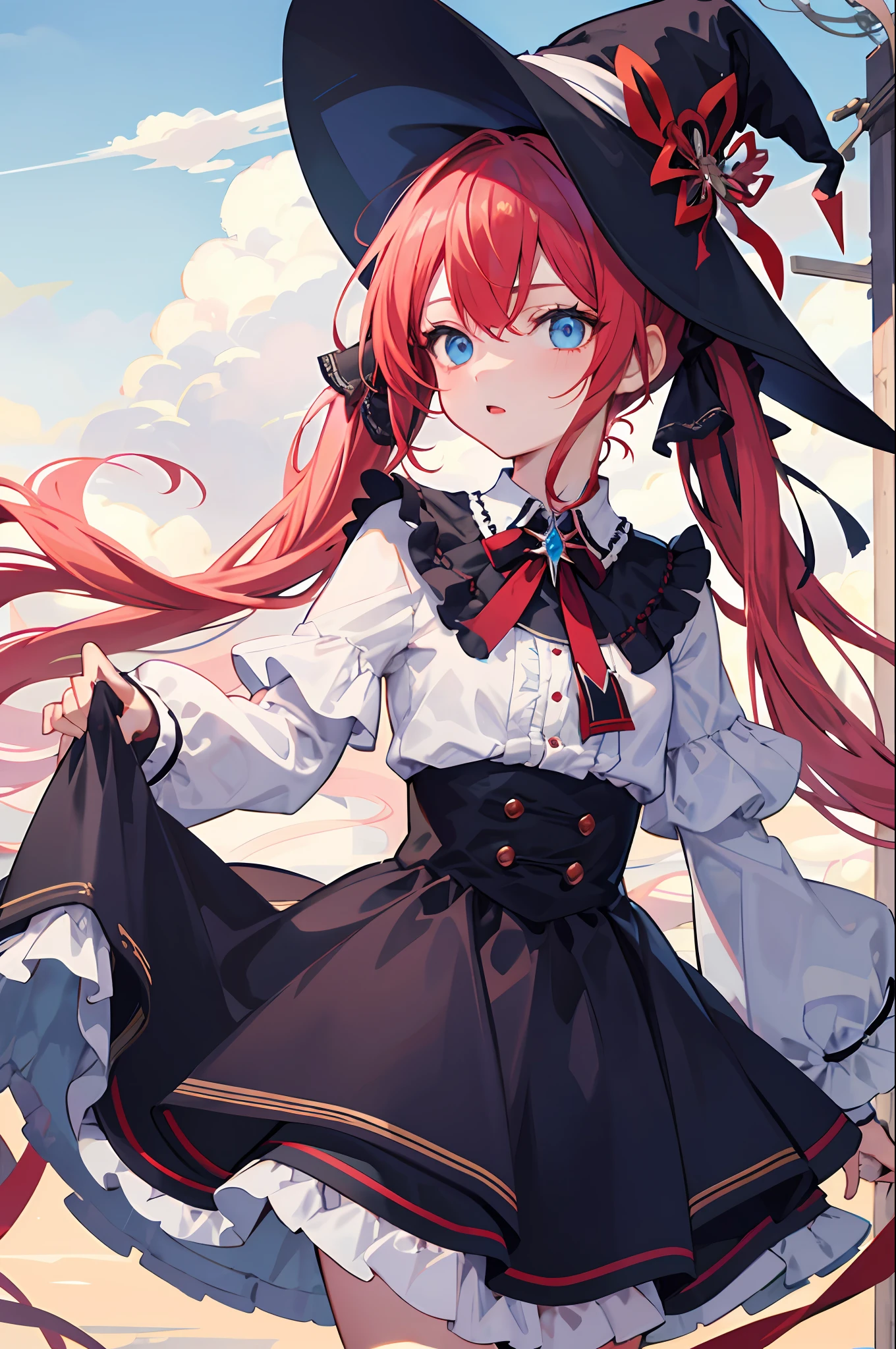 {best quality}}, {{masterpiece}}, {{ultra-detailed}}, {illustration}, {detailed light}, red hair,blue eyes,twintails,ta,witch,solo,lolite streaked hair,Fantastic,loli