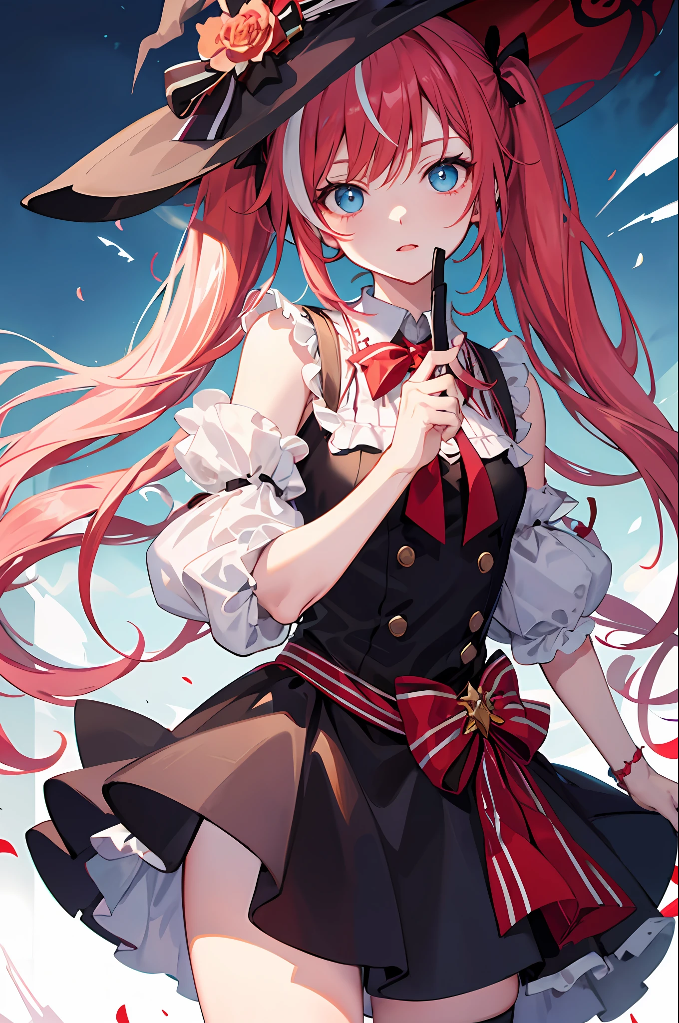 {best quality}}, {{masterpiece}}, {{ultra-detailed}}, {illustration}, {detailed light}, red hair,blue eyes,twintails,lolita,witch,solo,loli,White streaked hair,Fantastic,loli