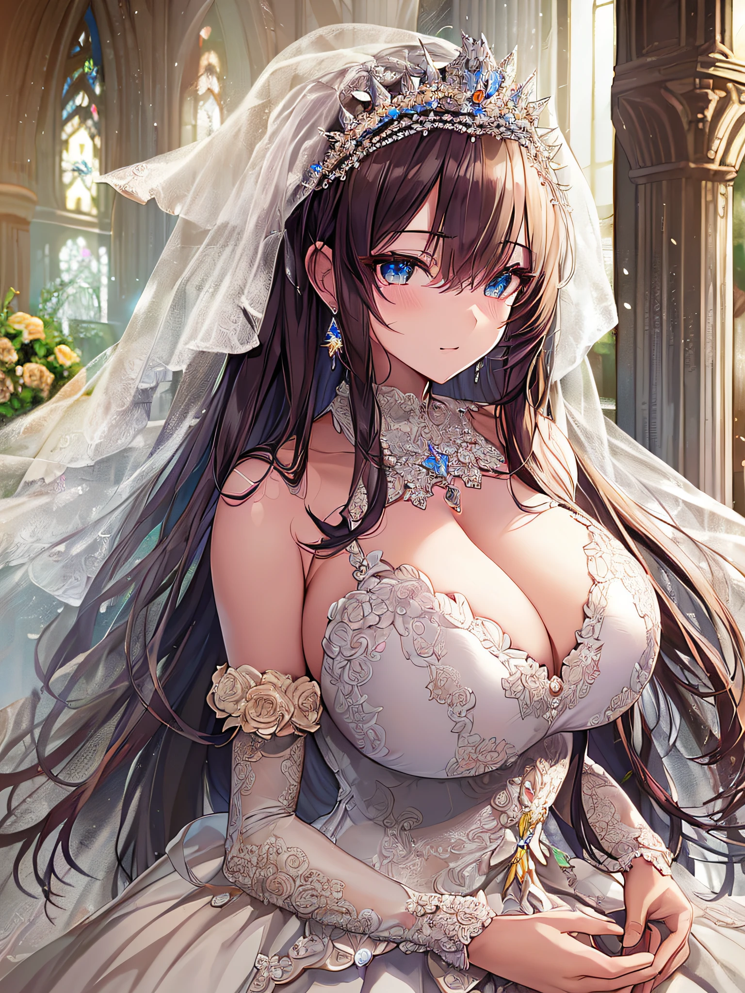 ((anime artstyle)),(Masterpiece),(Best Quality), (Super Detail),((Very Delicate and Beautiful)),Focus on character,Dynamic Angle,Looking at viewer,((Solo)),standing,((full body)),((one princess in gorgeousfull wedding dress with voluminous skirt)),((June bride)),detailed face and eyes,jewel-like eyes,((Very Long voluminous Hair)),gorgeous embroidery and lace,((gorgeous corsage)),See-through,(Gorgeous jewelry ornaments),luxury hair ornament,luxury tiara with jewels,ornate ruffles,((gigantic breasts,Long breasts)),indoor,church wedding,((full body)),hoop skirt,crinoline,very long gorgeousfull wedding veil,(((jeweled gorgeous embroidery wedding dress)))