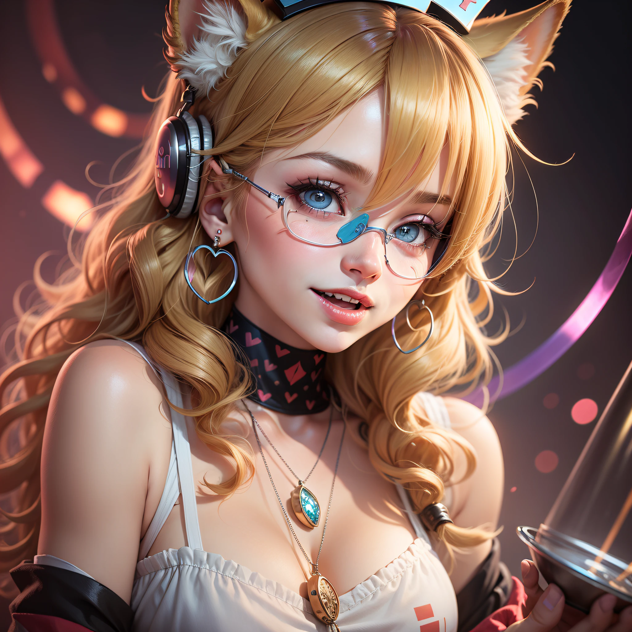 colored inner hair, blonde hair, curly hair, flipped hair, quin tails, halo, crown, tokin hat, nurse cap, ribbon, blindfold, facepaint, facepaint, horns, demon horns, surgical mask, bead necklace, headphones, bespectacled, red hairband, snake hair ornament, mole under eye, heart-shaped pupils, rolling eyes, furrowed brow, dashed eyes, tareme, devil pupils, heterochromia, fox ears, cat ears, heart earrings, hoop earrings, crystal earrings, food on face, clenched teeth, open mouth, smile, blush, shy, drunk, no nose, fangs, no nose, no nose, no nose, no nose, no nose, Surrealism, Romanticism, modern, Fauvism, chromatic aberration abuse, backlighting, depth of field, scanlines, stereogram, speed lines, UHD, textured skin, super detail, high quality, high details, best quality, 1080P
