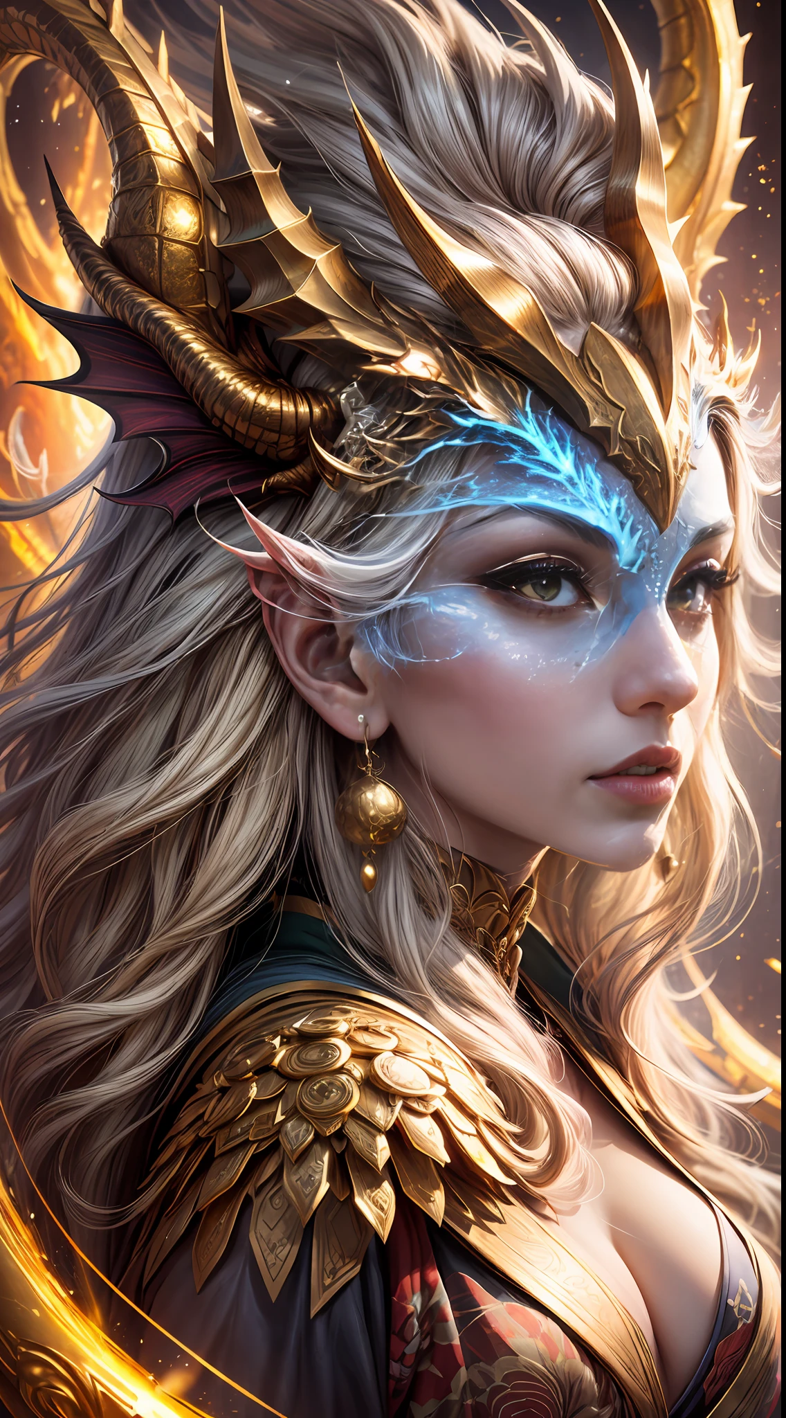 Amazing illustration of the dragon behind the beautiful girl, Beautiful rainbow kimono, masutepiece, A golden dragon surrounded by gold dust, Wind, God, Long wavy body, tusks, fantasy, mito, High quality, Highly detailed, masutepiece, Epic, Particle effect, Dynamic effects, Eyes are crystals, good luck, gold background, Wealth is on the rise, gold, One head, Realistic, Dragon God, The background is golden, 7 colors of brilliance, Grand,