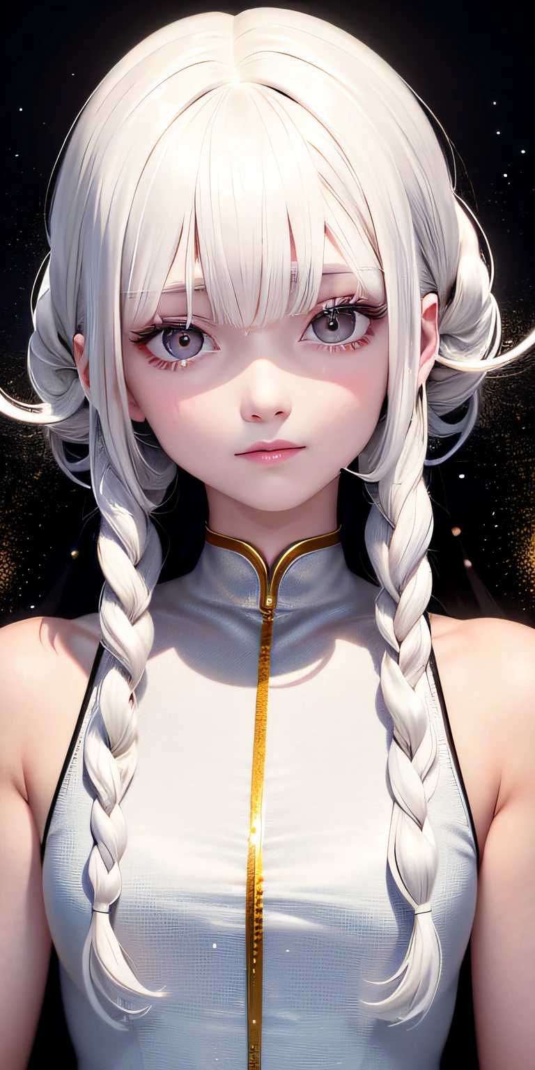 best quality, masterpiece,white hair, gold eyes,white clothes, looking up, upper body,hair strand,Fair skin,side braids