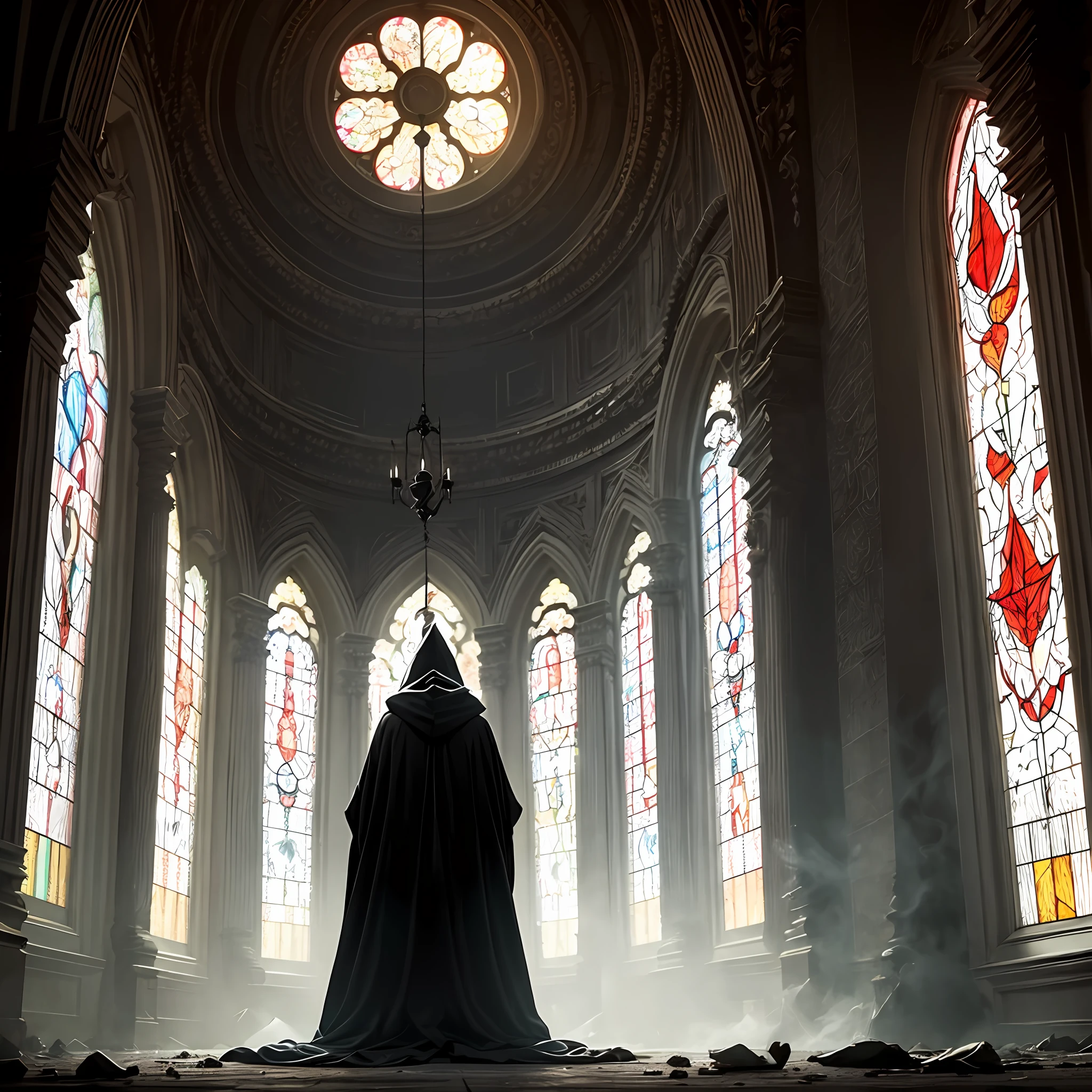 (dark+occult+horror+vintage), black robe, large hood, mystic symbols, dark cave, stained glass windows,(1-3 people), demonic features, summoning ritual, sickly pale skin, glowing eyes, screams and chanting, sinister atmosphere, (surveillance cameras:0.2),security personnel, horrified residents