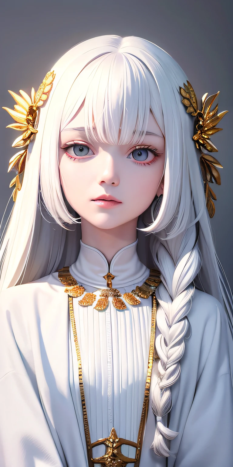 best quality, masterpiece,white hair, gold eyes,white clothes, looking up, upper body,hair strand,Fair skin,side braids
