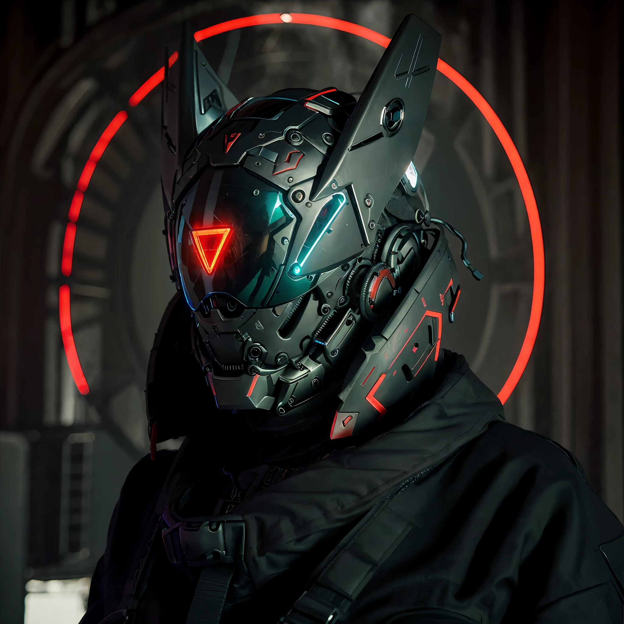 Masterpiece, best quality, a close-up of a futuristic-looking cyborg girl with a fantastic cyberhelmet head with red triangular LED lights and a halo, dressed in a black Techwear jacket, full body future city background, full body,