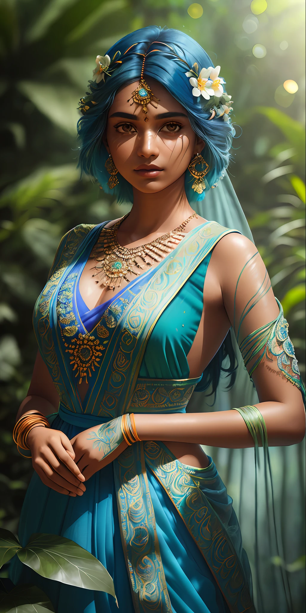 fashion photography portrait of indian girl with blue hair, in lush jungle with flowers, 3d render, cgi, symetrical, octane render, 35mm, bokeh, 9:16, (intricate details:1.12), hdr, (intricate details, hyperdetailed:1.15), (natural skin texture, hyperrealism, soft light, sharp:1.2), detailed, sunlight passing through foliage, bib boobs,