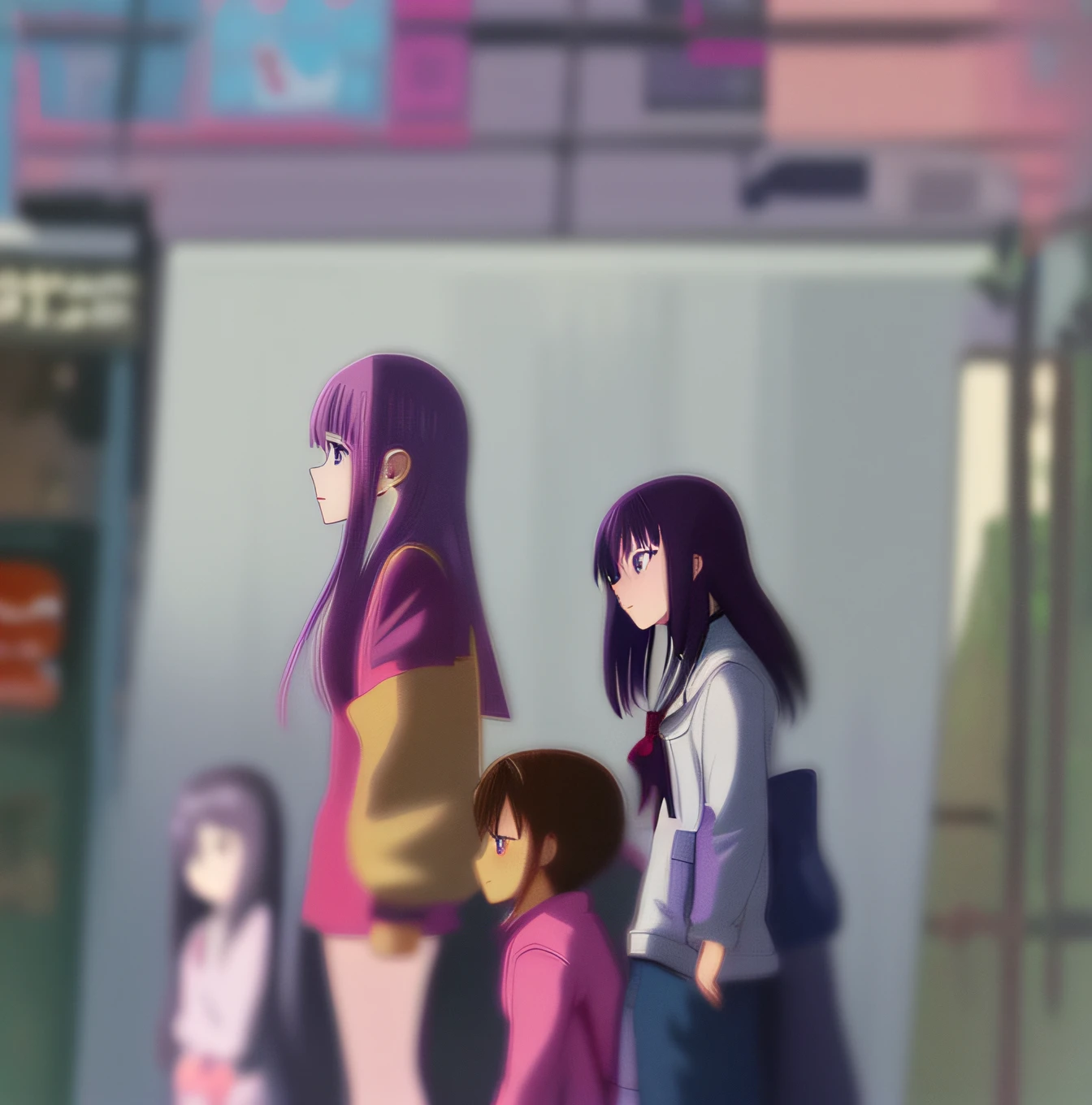Anime girl with purple hair and pink dress standing in front of the building, anime visual of a cute girl, anime moe art style, Safebooru anime image, Flat anime style, close up iwakura lain, in the anime film, shuushuu anime image, as an anime character, anime girl named lucy, she has a cute expressive face