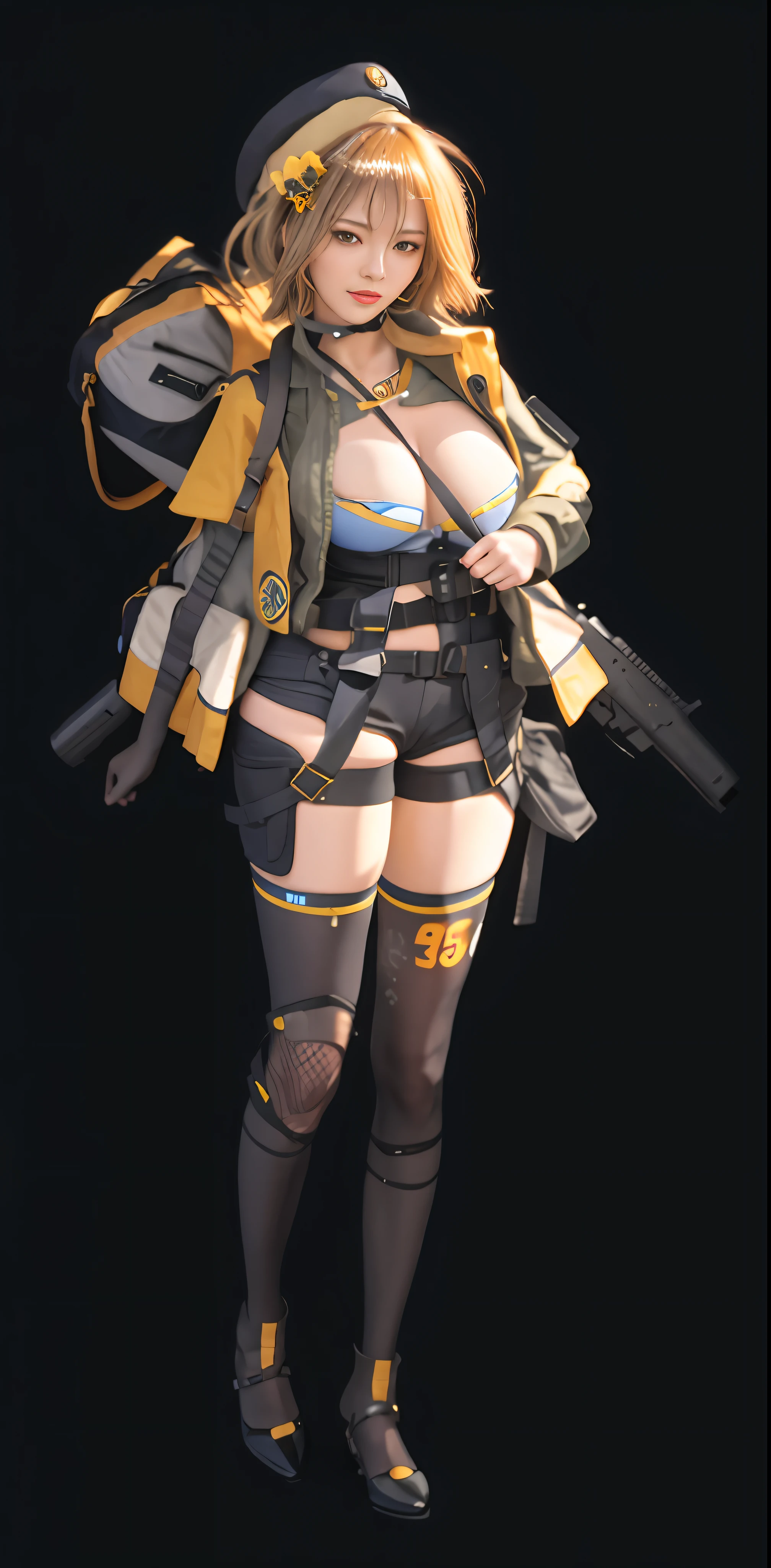 A hyper-realistic、ultra-detailliert、top-quality、hight resolution、goddess of Japan、Hat and yellow hair ornament、Woman in military uniform with gun and backpack, K-Cup Big、Fine details、Wear fingerless gloves on your right hand、Touching the shoulder belt under the chin、Equipped with a supporter on the right knee
