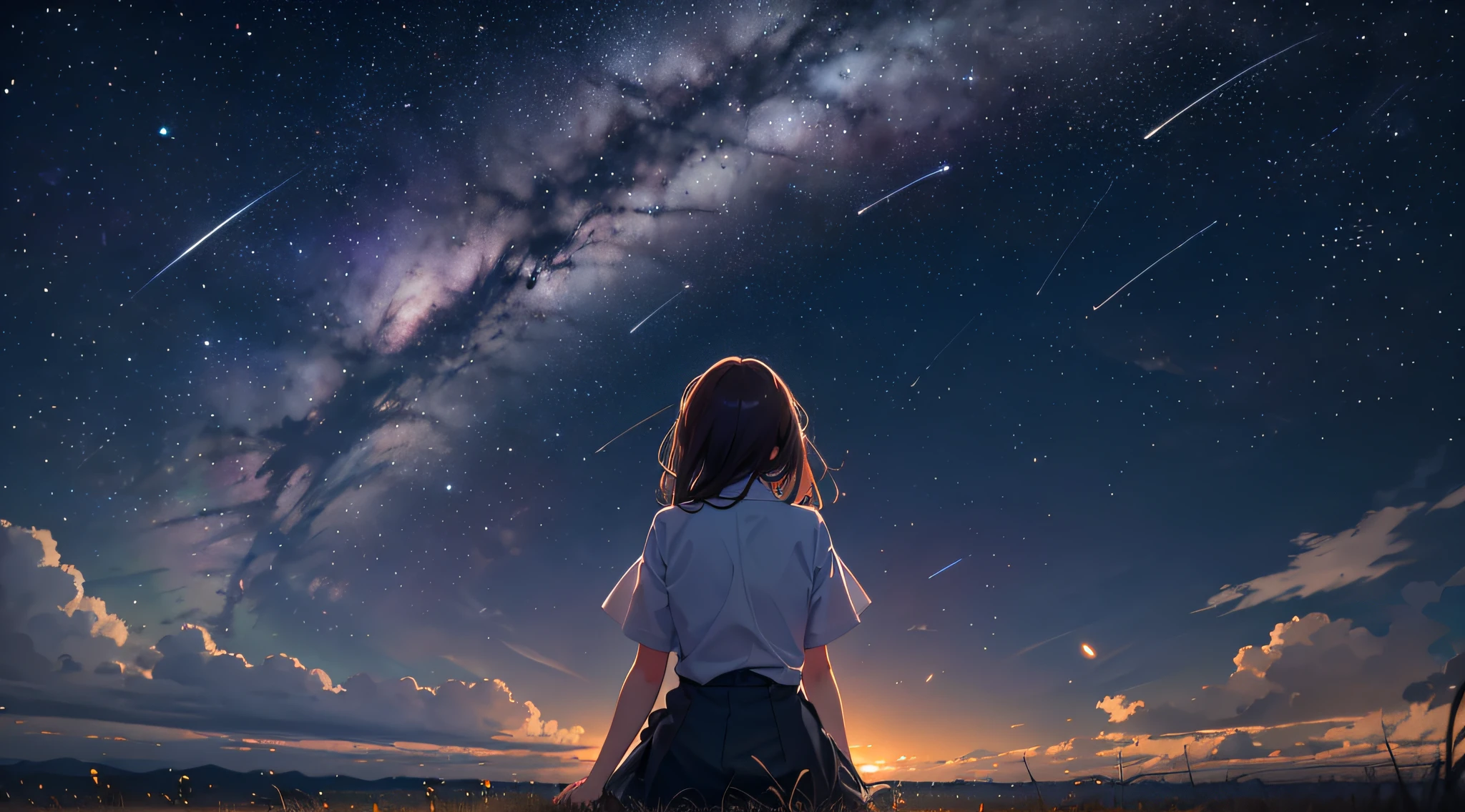 Vast landscape photos, a girl standing on a prairie looking up at the sky, shooting stars, fireflies, dreams