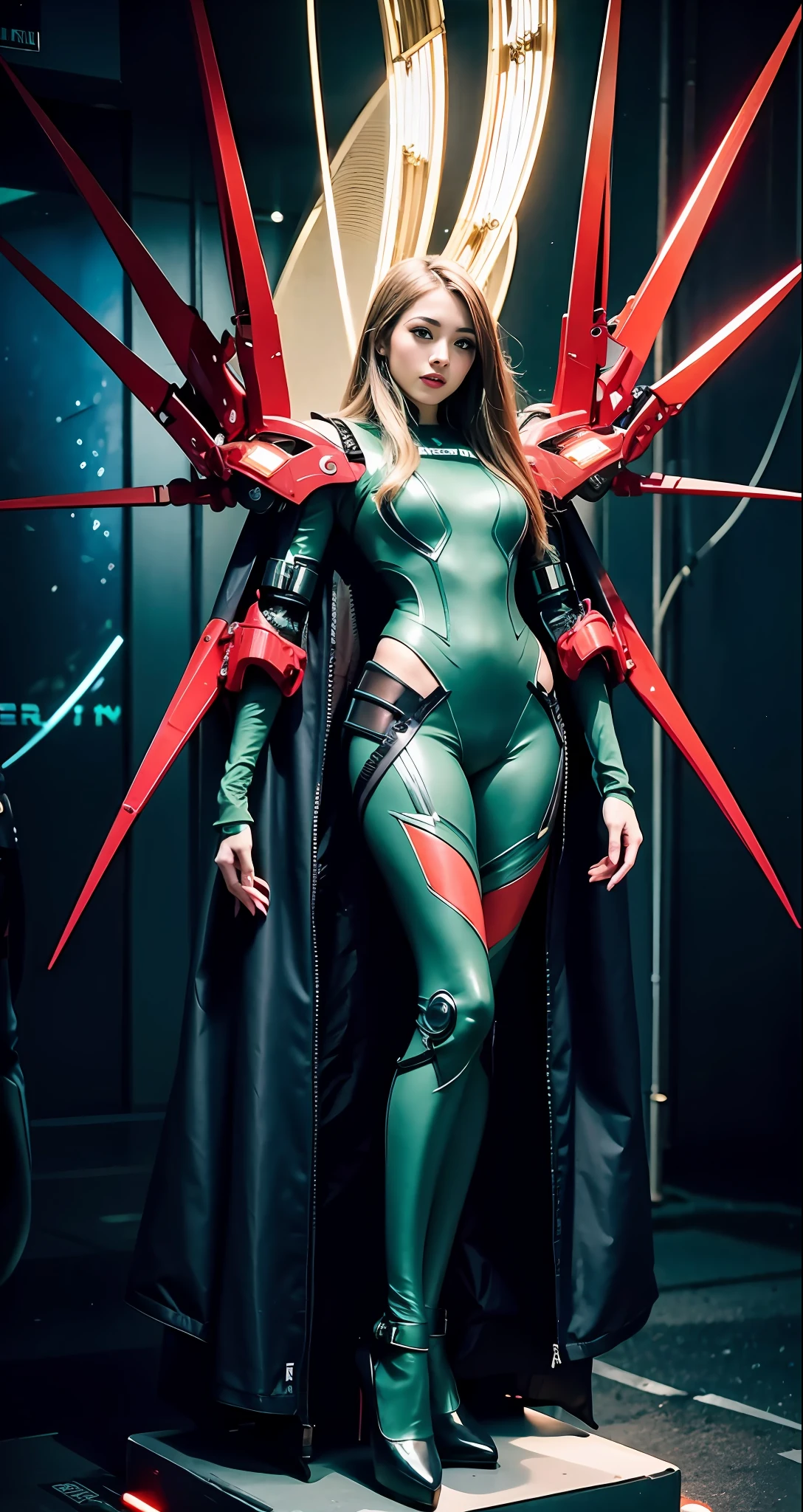 An Aalfid woman dressed in green and red stands on the platform, thierry mugler, wearing witchblade armor, girl in mecha cyber armor, cyber japan armor, cyber japan style armor, cyberpunk robotic elvish queen, of a beautiful female warframe, cyber suit, Stunning armor, cyborg fashion model, cyberpunk glossy latex suit, glamourous cosplay, mugler