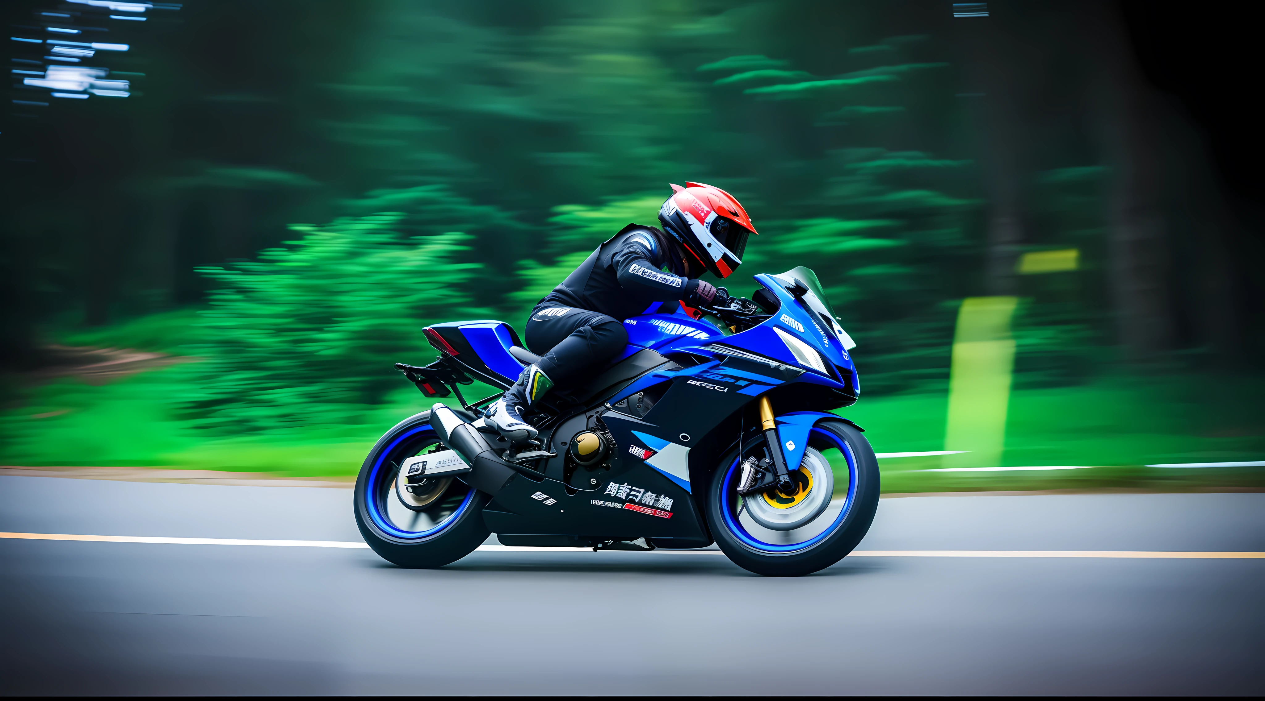 Highest image quality，Outstanding details，超高分辨率，（fidelity：1.4），High-speed cycling in the forest，A racing driver，Wearing a mecha riding suit，Wearing a high-tech helmet，DreamlikeArt，Need for speed,Impressive