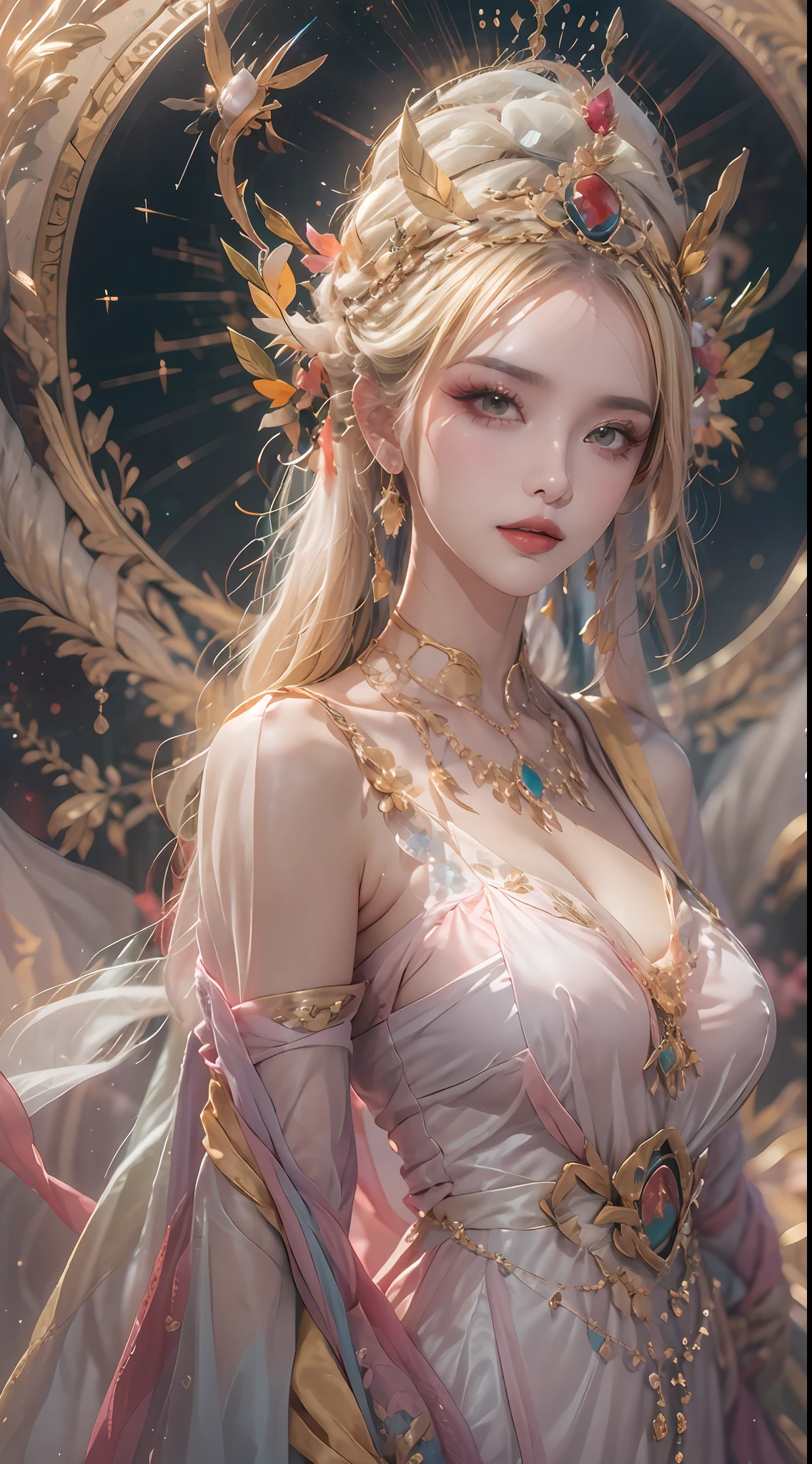 1 20 year old girl, 1 goddess Athena, pink and purple silk dress, goddess Athena with flawless face, yellow sexy slim nightgown, long thin nightdress with many sexy black lace details, female saint legend, holy woman icon, Elegant Shiny beautiful holy woman style, dark and mysterious version, holy woman crown, vermilion lips, thin and pretty lips, don't smile, keep your mouth shut, karol character bak and pino daeni were created, the plot is complicated, the background is detailed, extremely detailed, ( pure and flawless face : 1.9 ), holy female body, big round eyes and beautiful and detailed makeup detail : 1.8), elaborate makeup, huge and very round breasts, huge breasts, silk nightgown, mysterious makeup, Bracelets, bangs and dyed light blonde hair, upper body, bright white teeth, well-proportioned teeth, (holy): 1.8) , drooping arm, Vivid realistic image, (stars that make up the sky: 1.7), (the sky of heaven and the portal of the spacetime novel: 1.8), fictional art, RAW images, hanfu photos, best photos, high resolution, best quality, best photos, super cool 8k, 8k quality, surreal, best real life photos, artwork goddess, 1 saint icon wallpaper, saint portrait, truest color scheme, best photo color, masterpiece , hair decoration , necklace , Jewelry , pretty face , upper body , tyndall effect , real photo , dark studio , light border , bright 2 tones , ( white and pink skin : 1.4 ), ( high skin detail : 1.1 ), optical zoom, bright sparks flying around the goddess, 8k uhd, dslr, soft light, quality high quality, bright light amount, candid, Photo, high resolution, 4k quality, super 8k, Bokeh, Smooth and sharp, 10x pixel increase, sexy goddess , charm goddess, (removed) : 1.8), (galaxy) ha: 1.7), aurora, lightning, (aurora background: 1.8), most beautiful eyes, perfect eyes, beautiful saint and flowers, get close to the goddess,