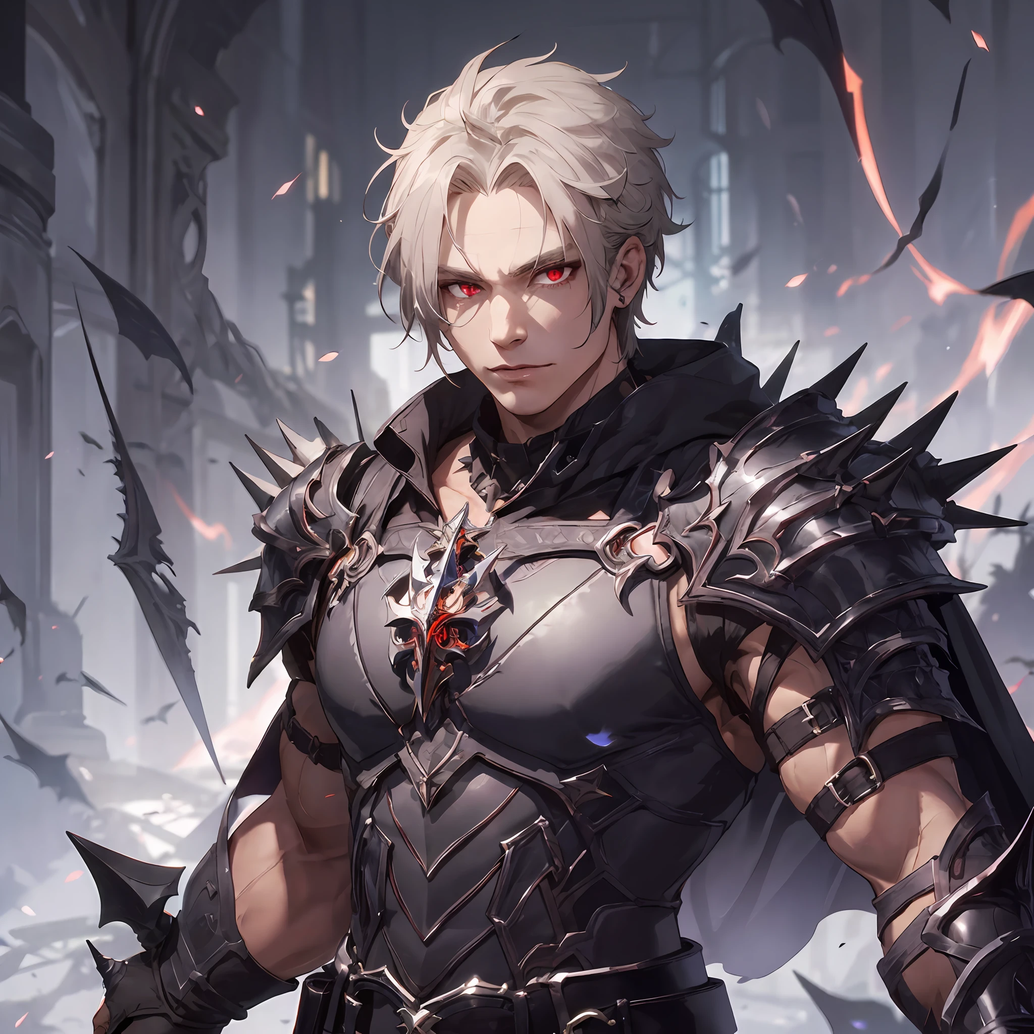 masterpiece, best quality, 1man, adult, male focus, solo, short spiky side shaved hair, vibrant red eyes, gloves, looking at viewer, cape, High quality metal texture, demonic armor, closed mouth, metalic gloves, Fantasy aesthetics, Highly detailed, shadowverse style, shadowverse character concept, barbarian, dark fantasy, muscular, muscular arms, black armor, black outfit