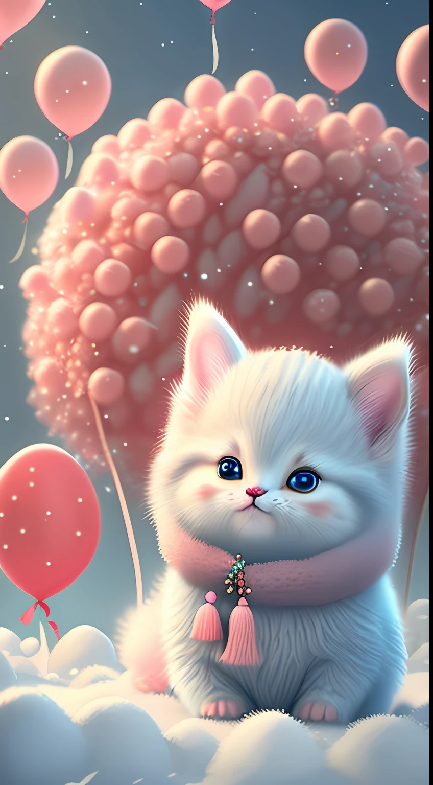 In this ultra-detailed CG art,Cute kittens surrounded by ethereal balloons,laughingly,blingbling,red colour,Best quality at best,A high resolution,Complicated details,fanciful,cute animal,Funny,Open-mouthed!!!,laughingly!!,To the right!!!