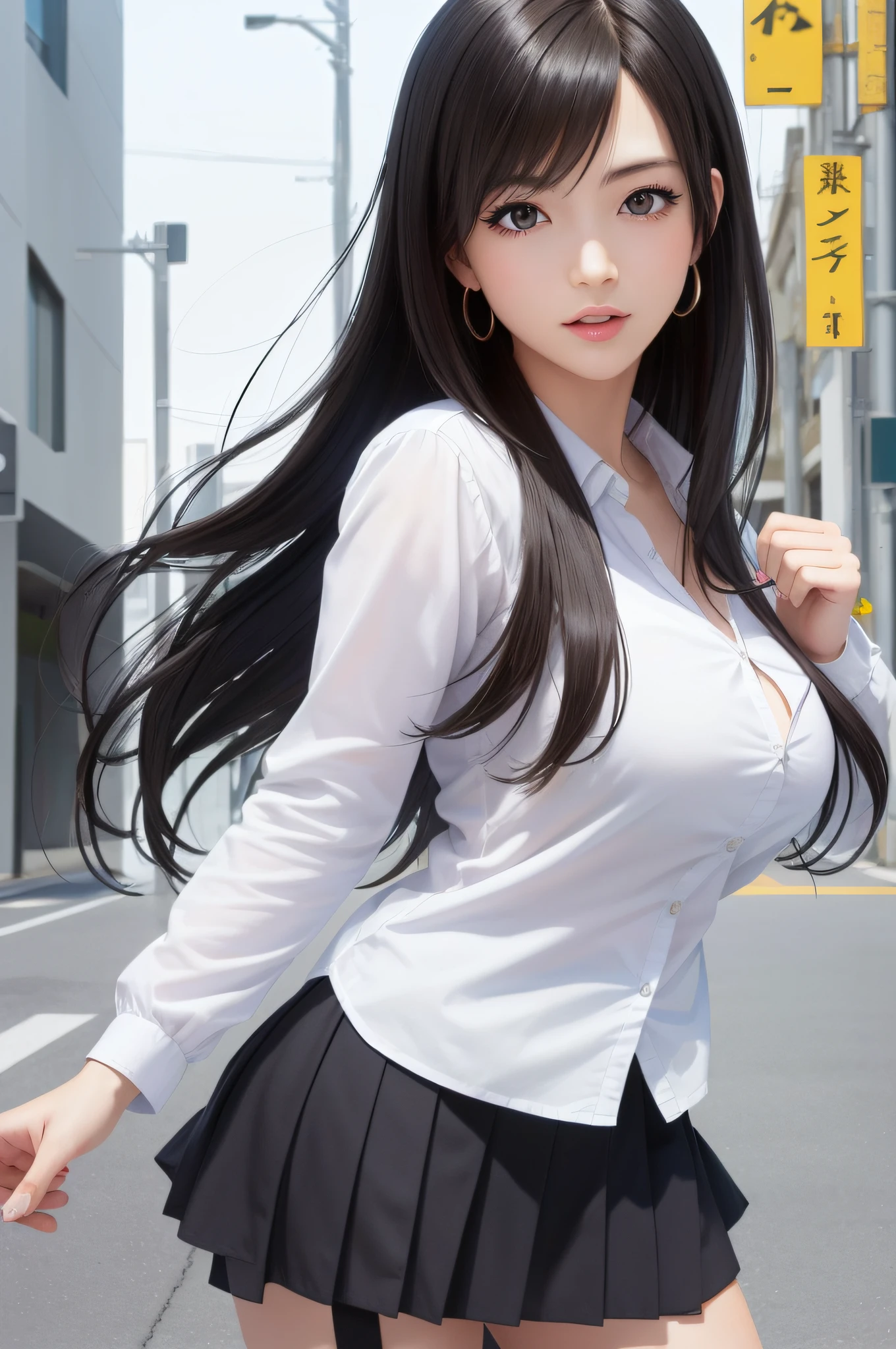 (Top Quality, Masterpiece: 1.1), (Real: 1.4), BREAK (((FF7))) (((Tifa))),(1Girl:1.2),Ultra-detailed face, Detailed eyes,((Light Brown Hair, Large breasts: 1.2)), BREAK (((FF7))) (((Tifa))),((tokyo,street,summer),(sweat:1.2,perspired:1.2),(girl wearing japanese high-school uniform:1.4,plaid pleated skirt, blue button-down shirt:1.2,long sleeve), BREAK (shiny oiled skin: 1.4), about 18 years old,model pose
